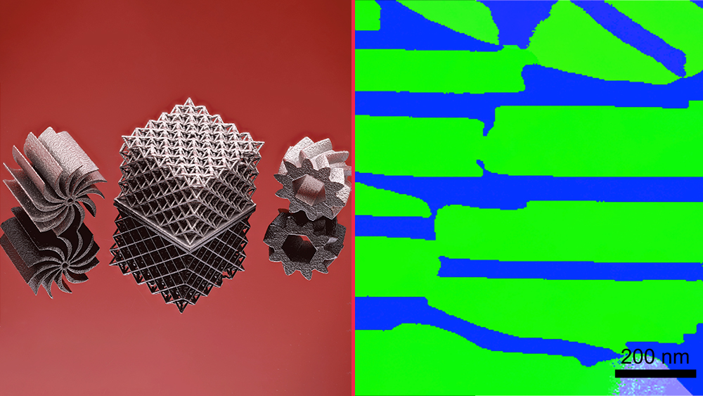 On the left is a printed heatsink fan, octet lattice and gear from the eutectic high-entropy alloy. On the right is an image of the nano-layered structure of the as-printed eutectic high-entropy alloy revealed by electron precession diffraction.