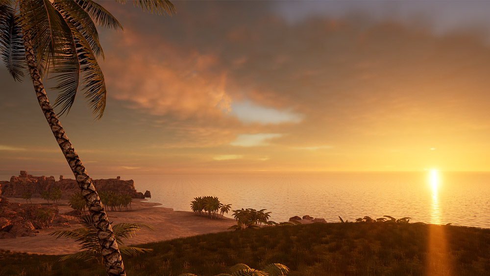 A VR rendering of a beach with palm trees as the sun sets in the background against the water. 