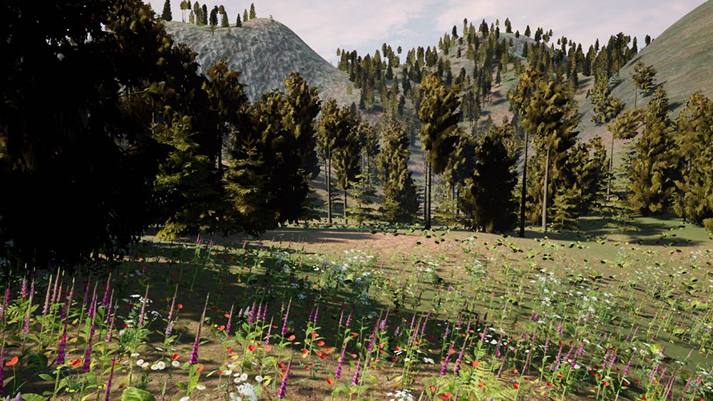 A VR rendering of a forest area with a field of purple, white and red flowers.