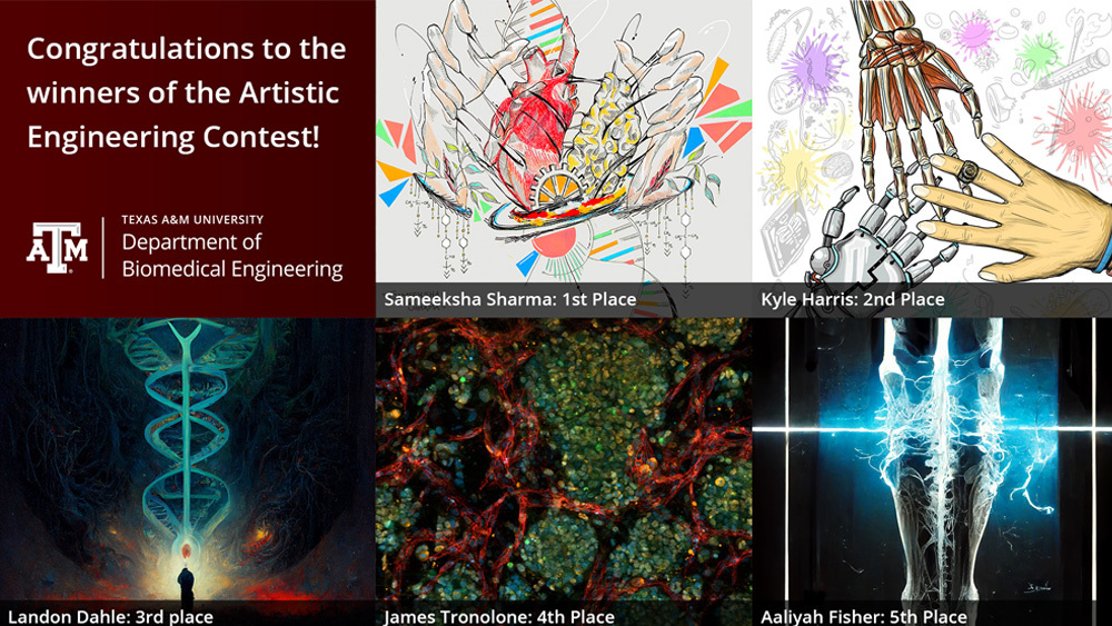 A collection of five images with text that reads, "Congratulations to the winners of the Artistic Engineering contest!" Images on the top row include (from left) an artistic depiction of hands hovering over a heart, brain and gear; and three hands coming together toward the center of the image. Images on the bottom row include (from left) a large DNA strand, a microscope photo of small circular tumor cells, and a bone fusing together."