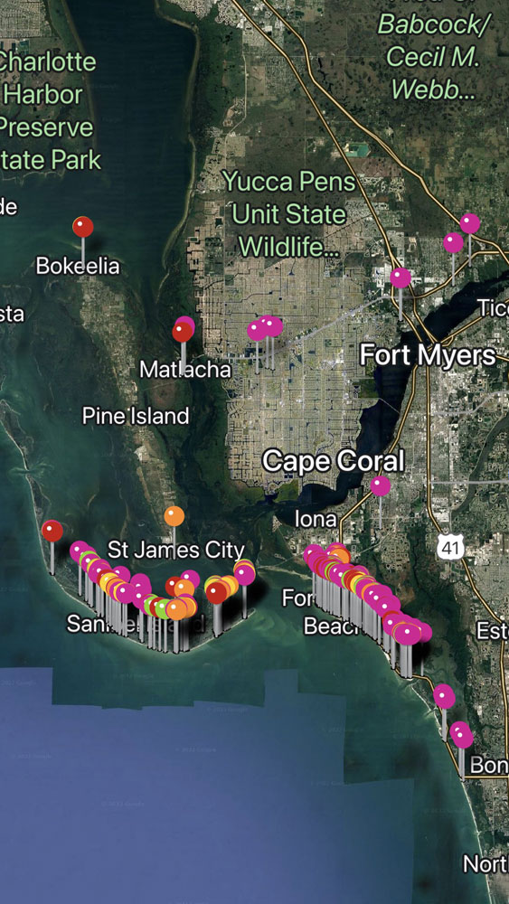 Map with multicolored pins that show locations where engineers collected storm damage samples. Map includes cities in Florida including Bokeelia, Matlacha, Pine Island, Fort Myers, Cape Coral, Iona, St. James City, Sanibel Island, Fort Myers Beach, Yucca Pens State Wildlife Management Area, Babcock/Web Wildlife Management Area and Charlotte Harbor Preserve State Park