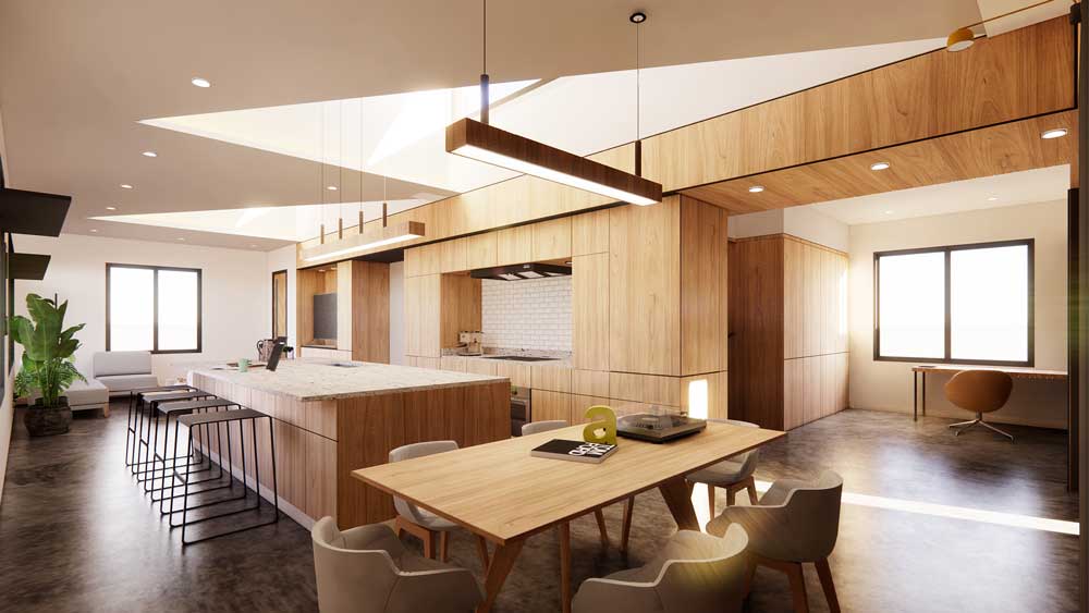 The interior of an open-concept kitchen and dining room with sleek, modern design. A large marble counter island with barstools sits in the center. The dining table and kitchen walls are pale minimalist wood. 