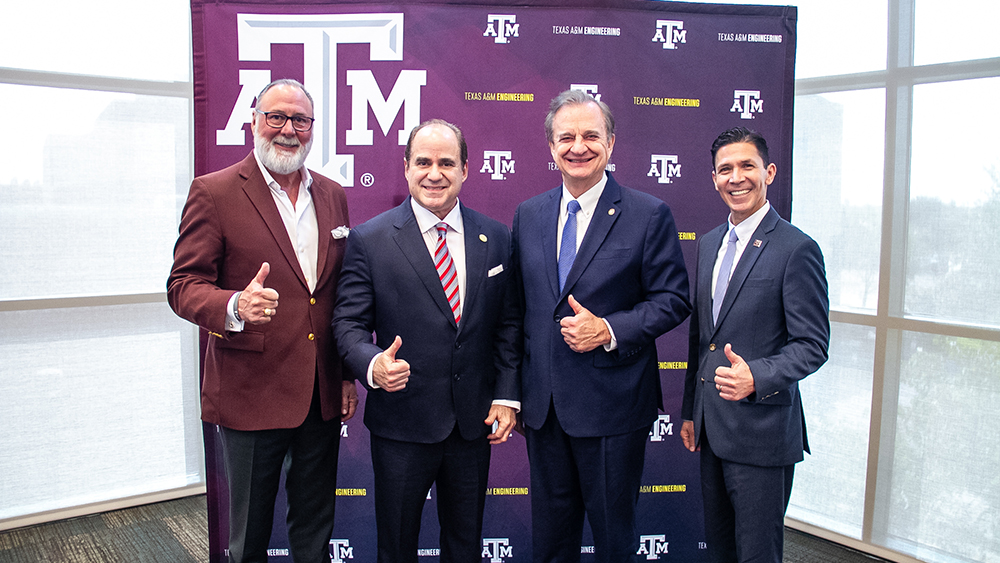 From left to right: Texas A&amp;M University System Regent Michael A. "Mike" Hernandez III; South Texas College President Dr. Ricardo J. Solis; Texas A&amp;M University System Chancellor John Sharp; and Dr. John E. Hurtado, interim vice chancellor and dean of engineering at Texas A&amp;M.