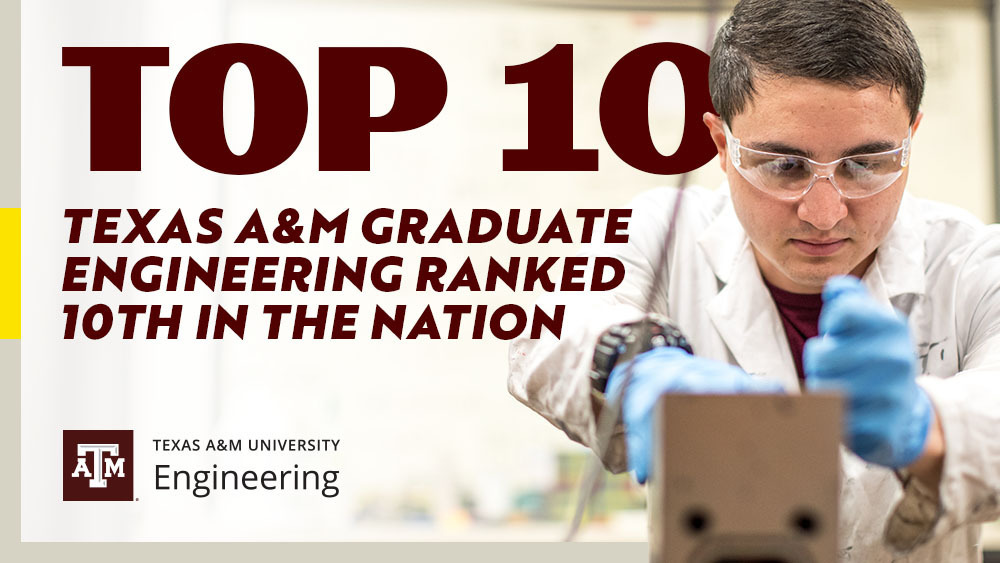 Text: Top 10 Texas A&amp;M Graduate Engineering Ranked 10th in the nation. Student in a lab working on chemicals.
