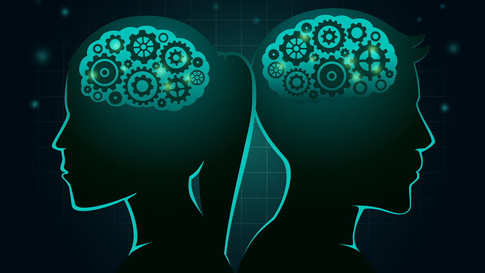 Illustrated silhouette of a man and woman with gears inside their brains facing opposite directions.