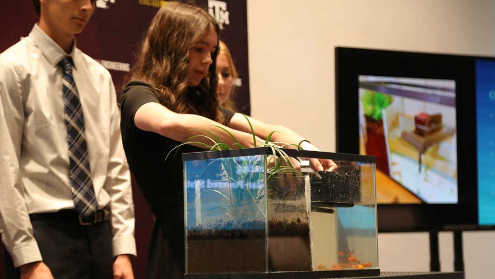 Students from team Aquabox demonstrating their prototype in a fish tank.
