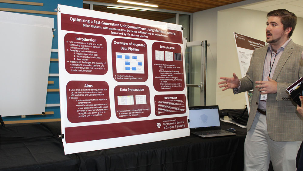 Student presents his project’s infographic at the Engineering Project Showcase.