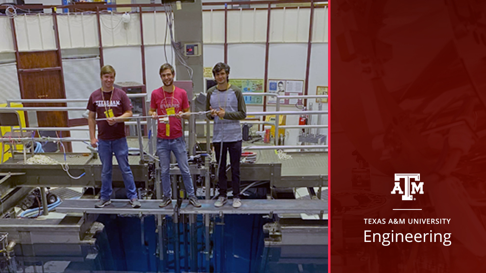 Tyler Gates (left), Dr. Anthony Birri (middle) and Noah Morton (right) standing on a reactor bridge in the Nuclear Engineering Science Center at Texas A&amp;M. 
