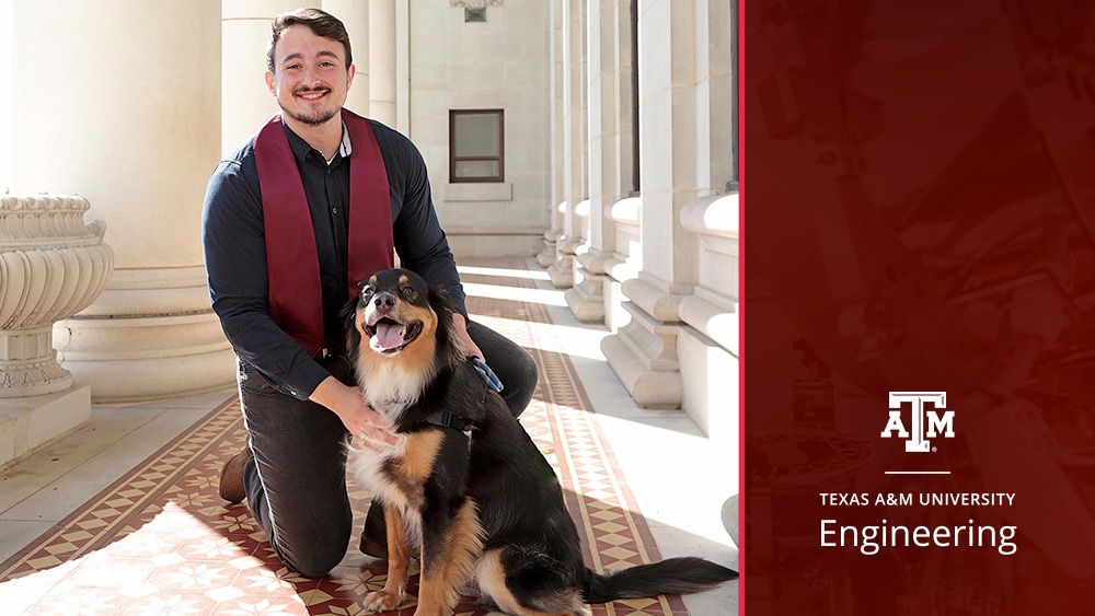 Alexander Gross, wearing a maroon stole, poses for a photo with his dog at the administration building on campus.