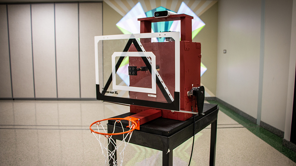 A prototype backboard and hoop system.