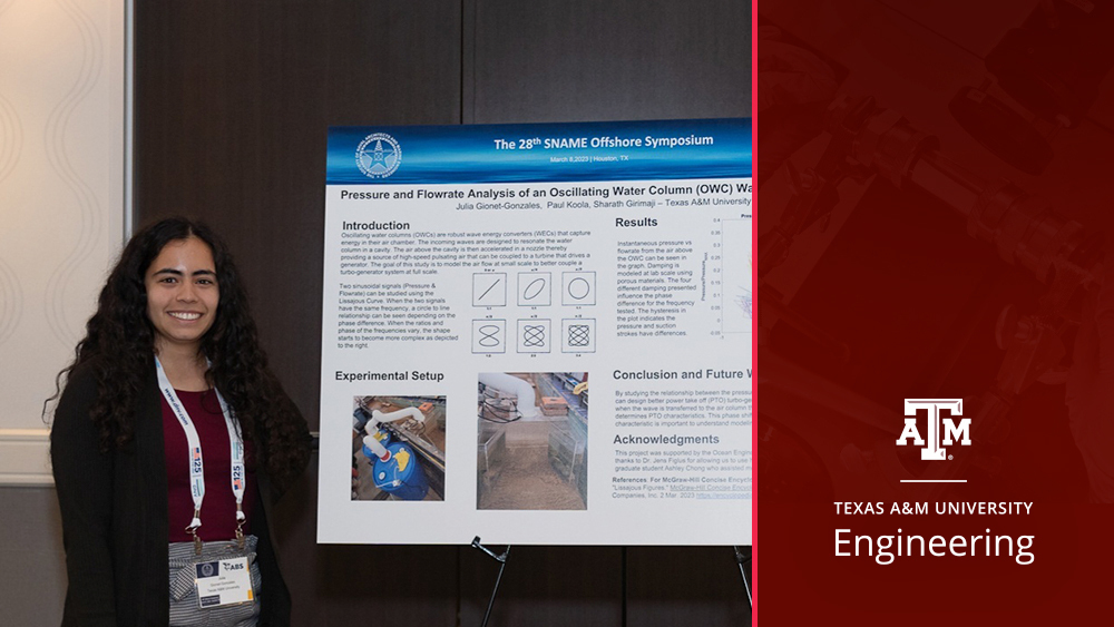 Julia Gionet-Gonzales stands next to her research poster titled pressure and flowrate analysis of an oscillating water column wave energy converter.