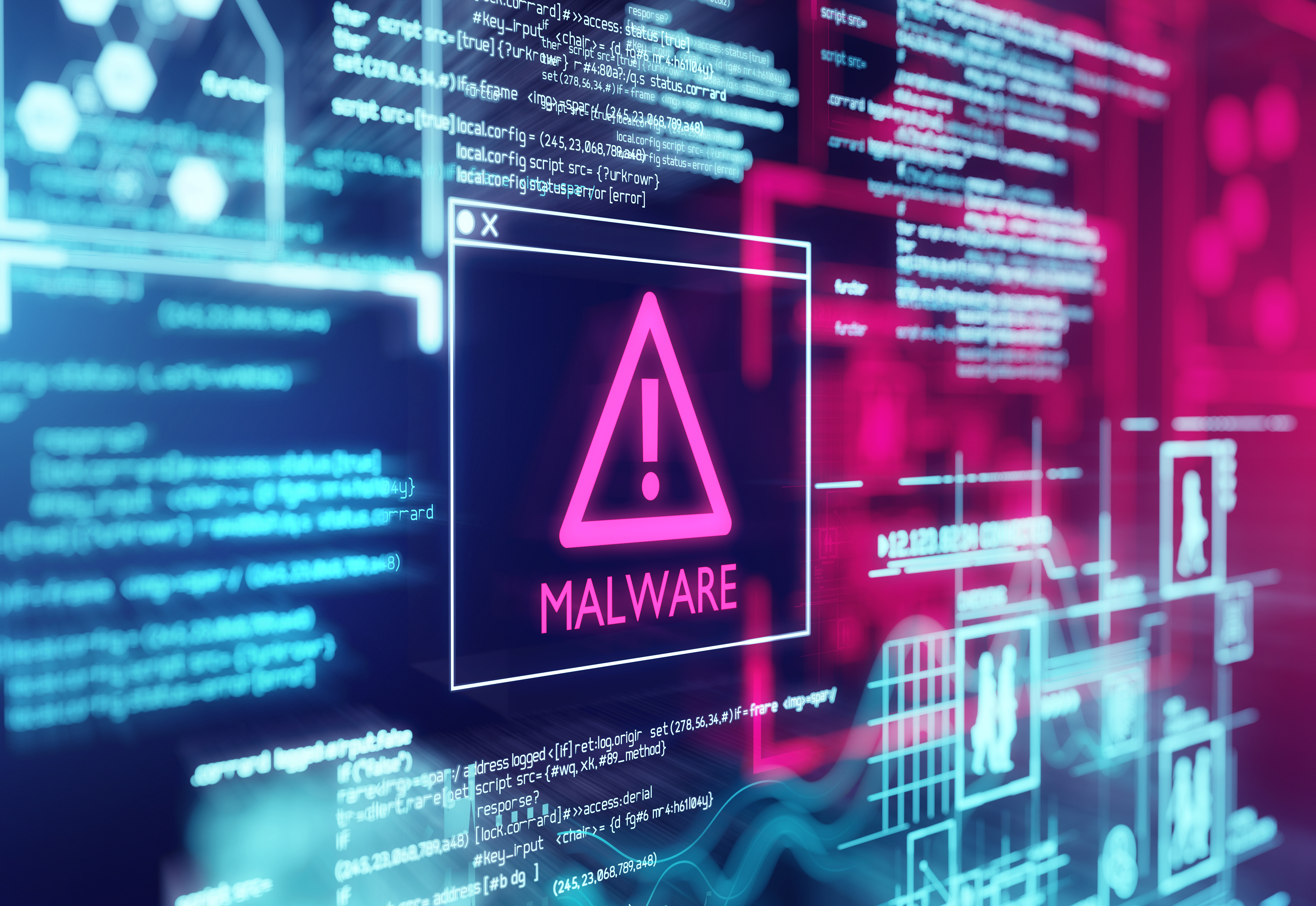 Malware warning in pink on a futuristic computer screen full of code.