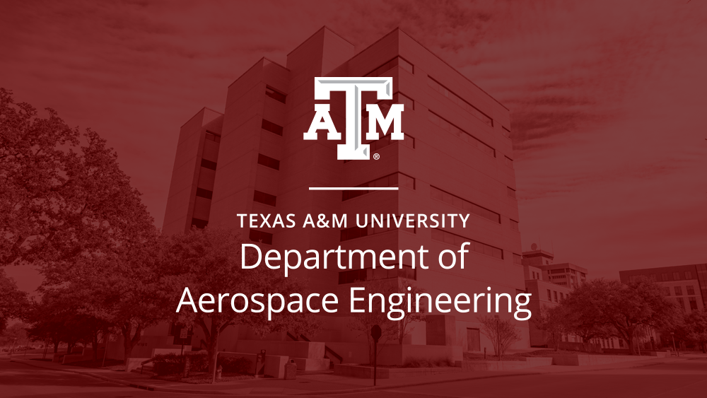 The Harvey “Bum” Bright building with a maroon overlay and the Texas A&M University Department of Aerospace Engineering logo.
