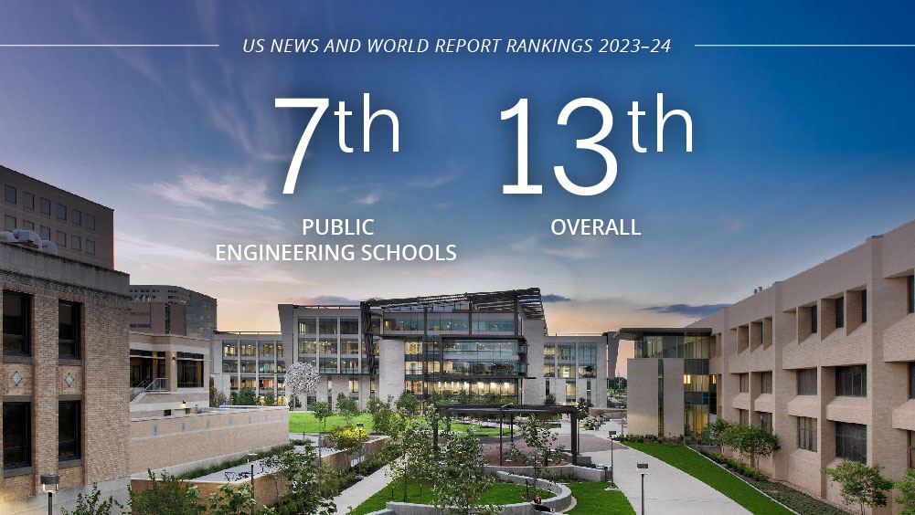 Photo of a several buildings with US News and World Report Rankings 2023-24 7th public engineering schools 13th overall 