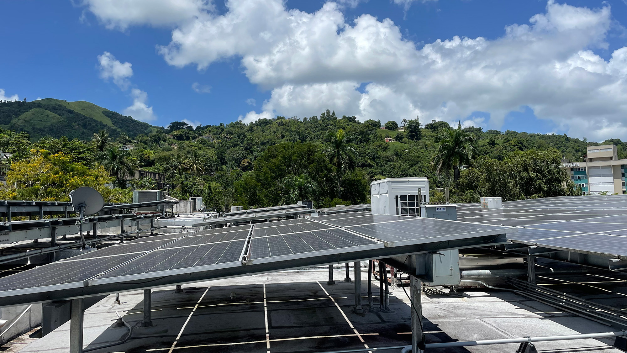 Solar panels on a roof in Puerto Rico.