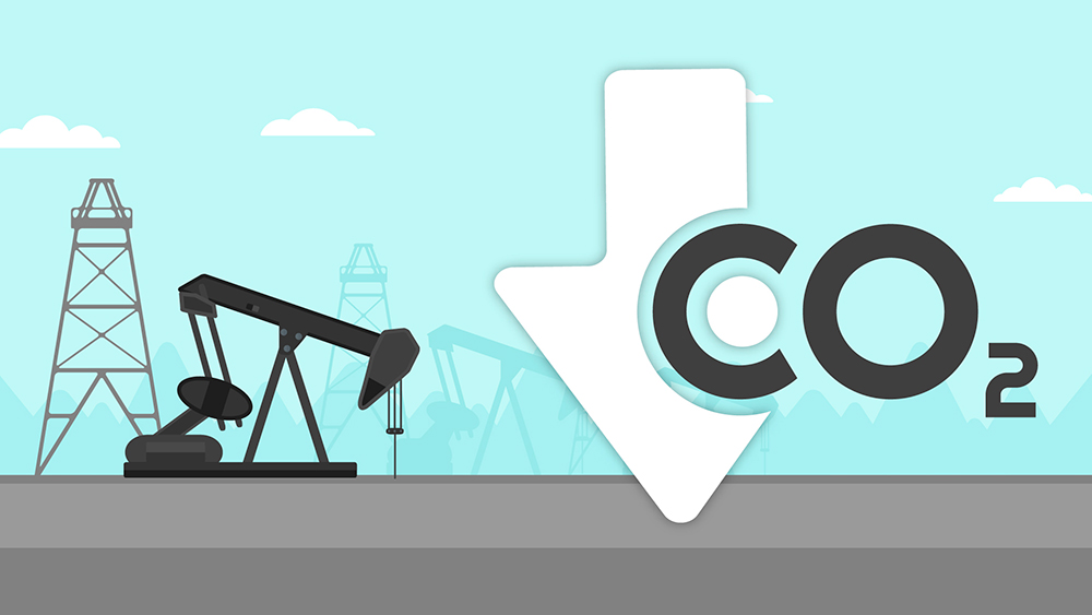 Illustrated pump jacks and oil derricks on a grey ground with a teal blue sky behind them serve as a backdrop for a large white arrow pointing downward with CO2 written in black across it.