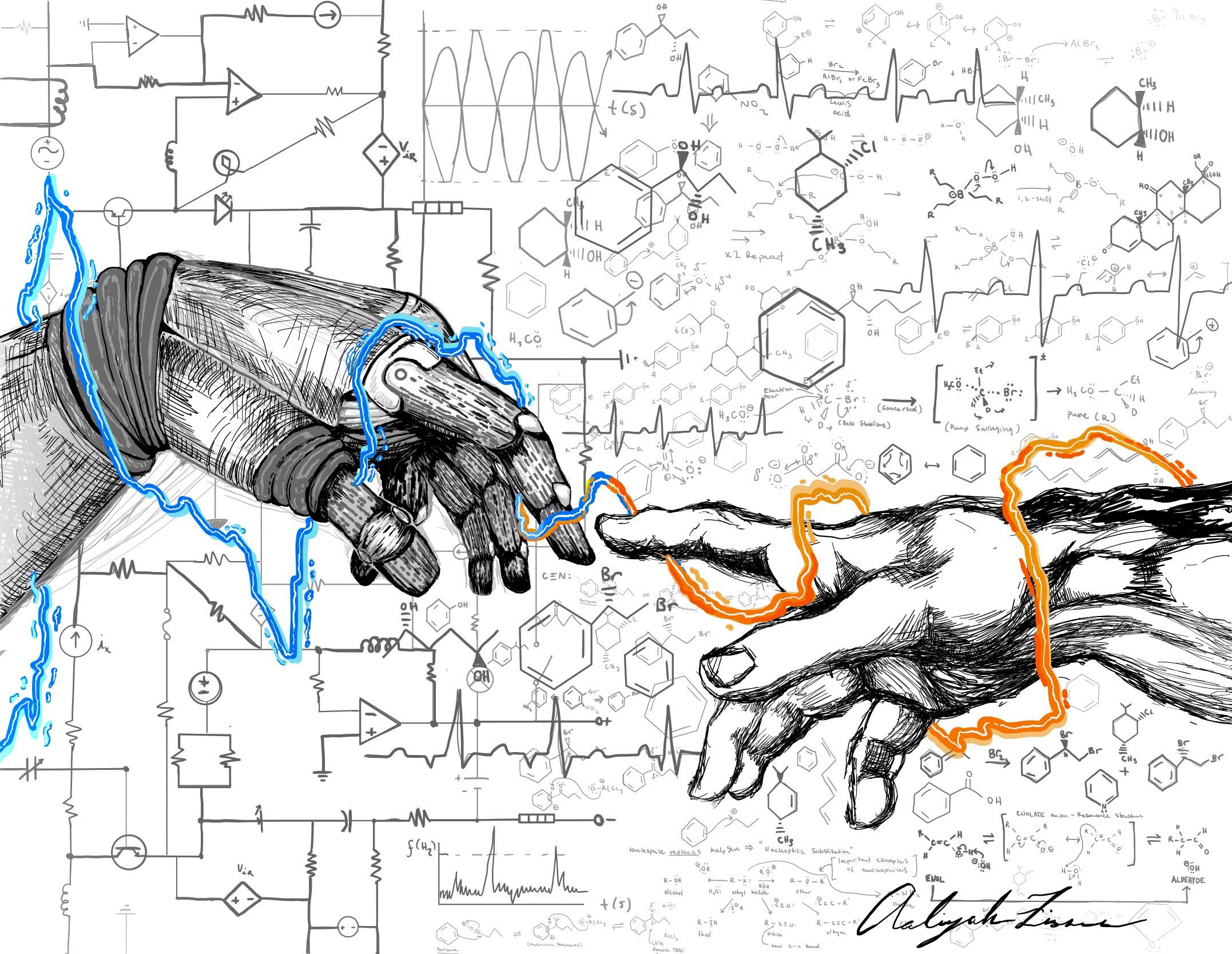 Two sketched hands, one with orange electric bolts and one with blue electric bolts, nearly touching fingertips, with equations in the background.