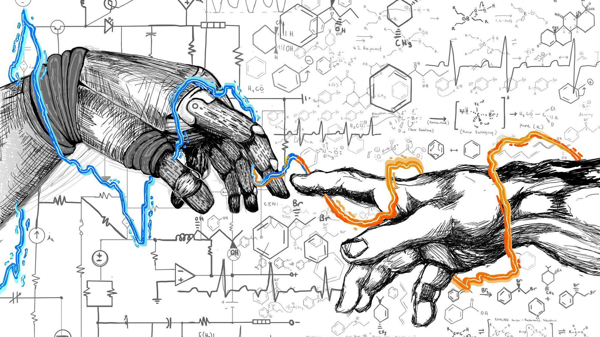 Two sketched hands, one with orange electric bolts and one with blue electric bolts, nearly touching fingertips, with equations in the background