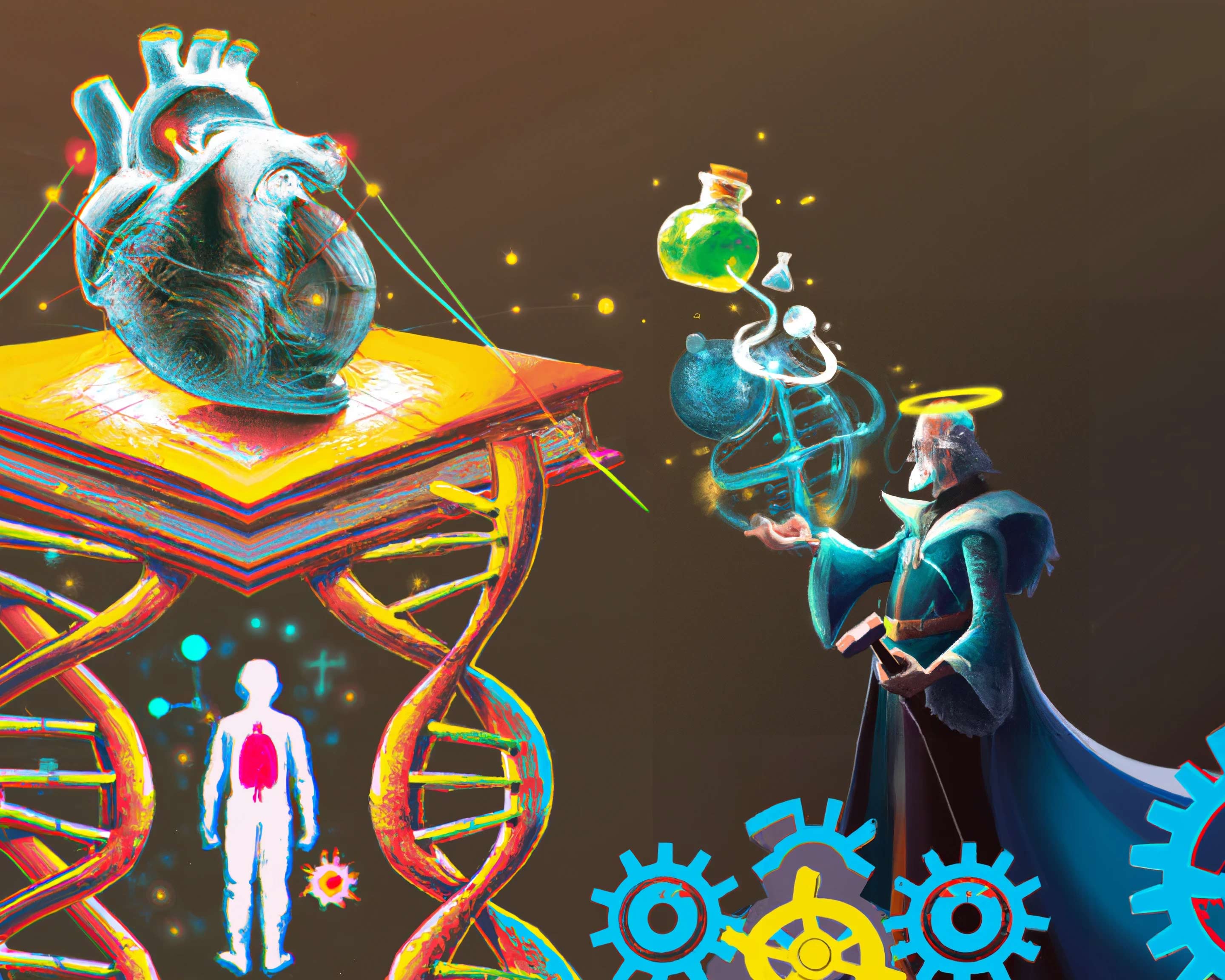 A digitally drawn image of large DNA strands holding a book with a heart on it in front of an alchemist.