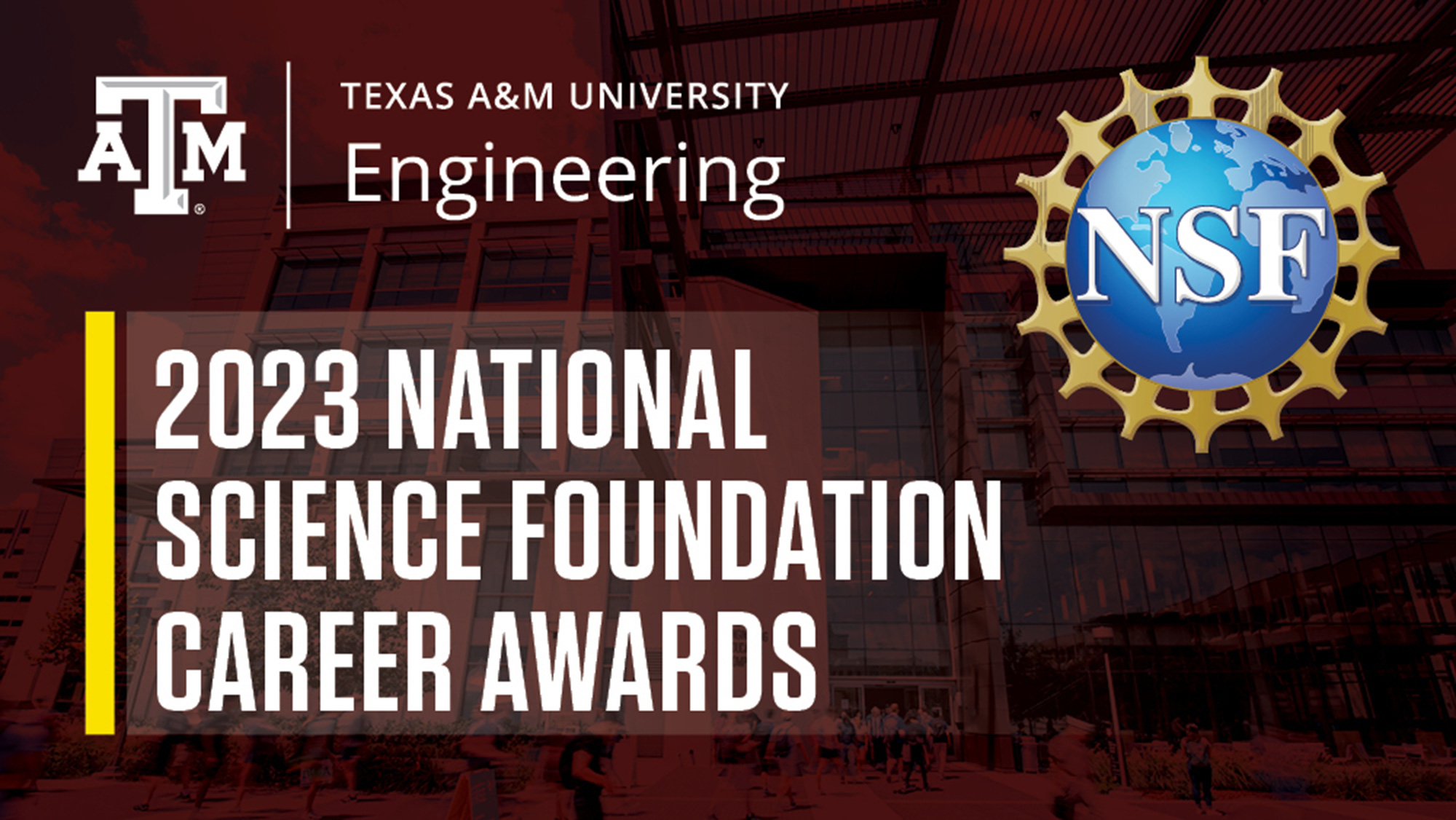 Digitally rendered graphic on a maroon background that states "2023 National Science Foundation Career Awards" with the symbol for the NSF.