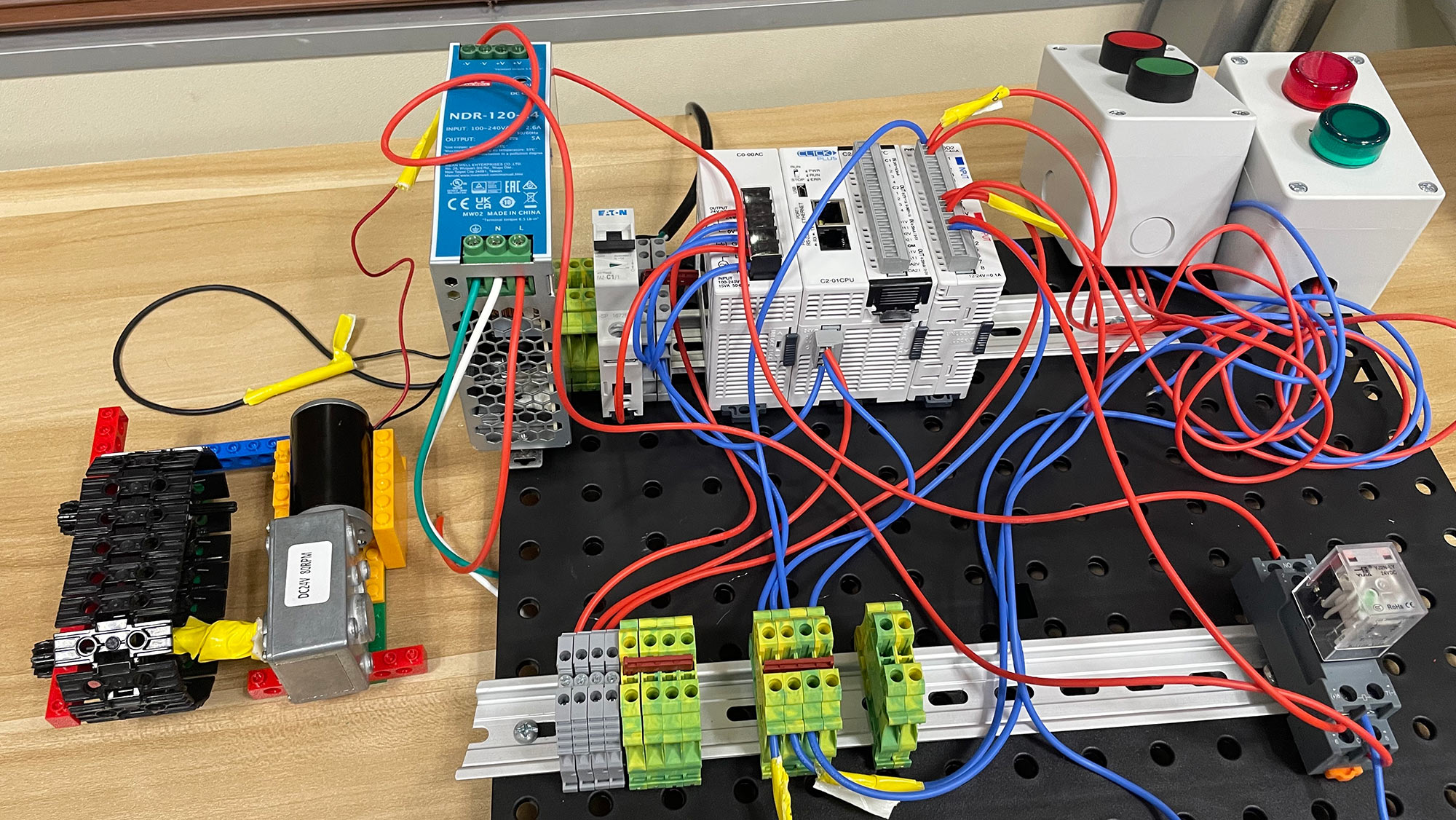 An image of Connor McLaren's final constructed project, a board with computer parts and wires.