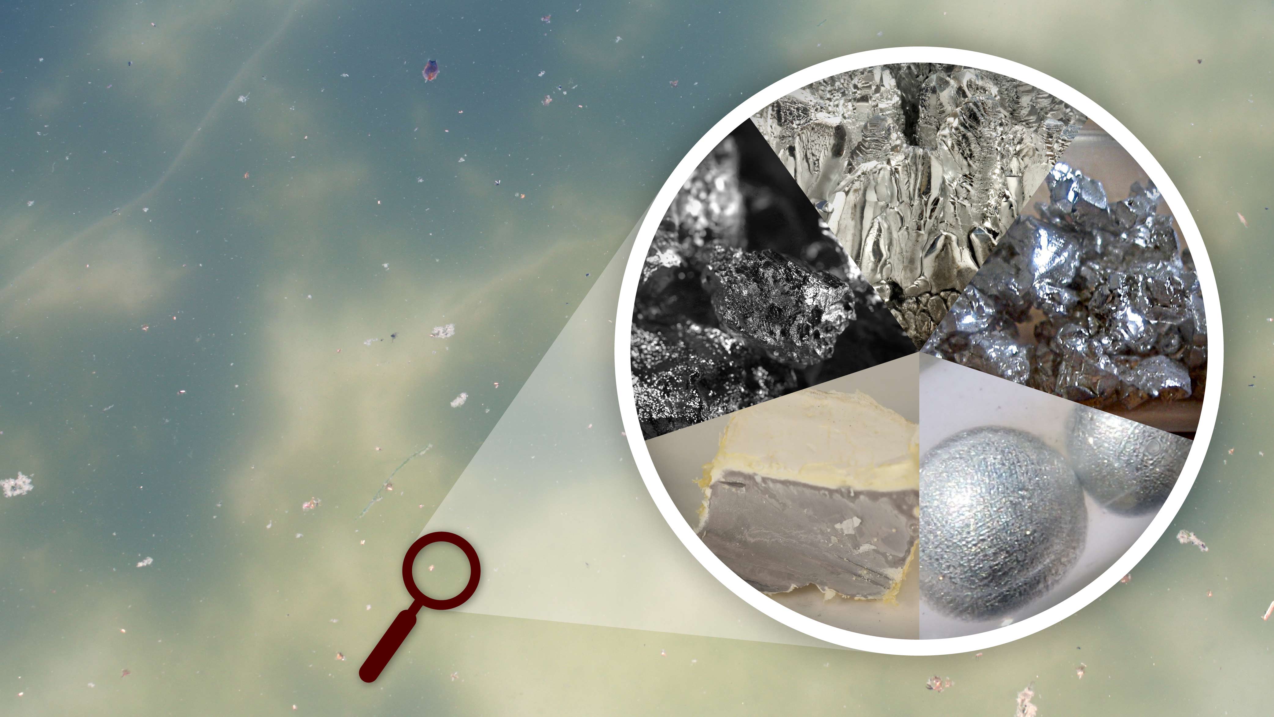 Dirty fluid background with a magnifying circle inset showing clean close-ups of several mineral compounds.
