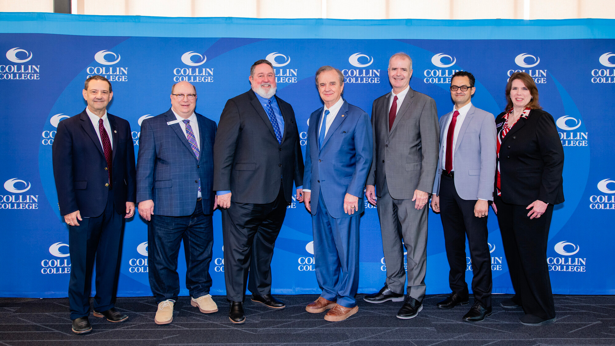 From left to right: Collin College Executive Vice President Dr. Bill King; Collin College Board of Trustees Chair Andrew Hardin; Collin College District President Dr. Neil Matkin; Texas A&amp;M University System Chancellor John Sharp; Texas A&amp;M Provost Dr. Alan Sams; Texas A&amp;M Engineering Interim Vice Chancellor and Dean Dr. Joe Elabd; and Assistant Vice Chancellor for Academic and Outreach Programs Dr. Cindy Lawley.