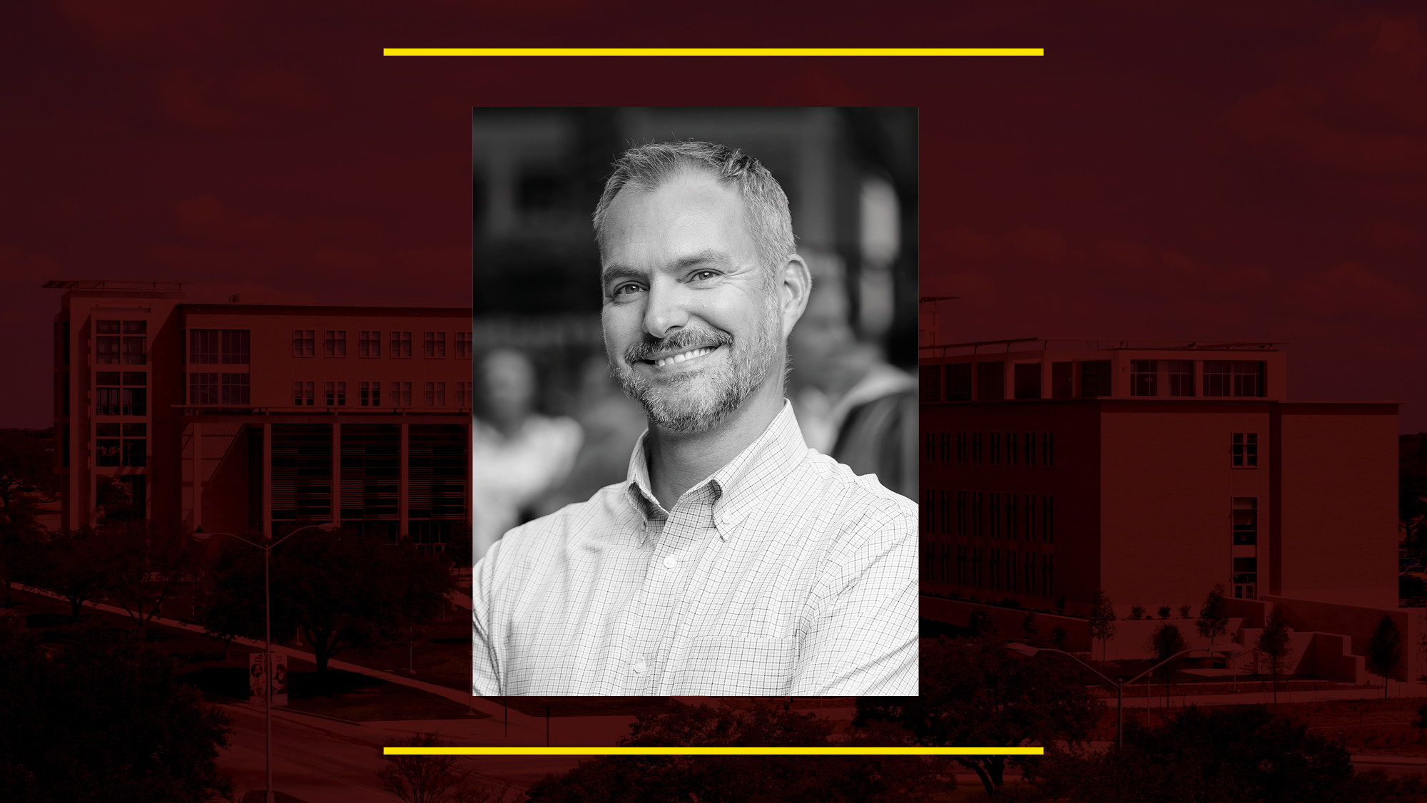 A headshot of Tim Daugherty on a maroon background.