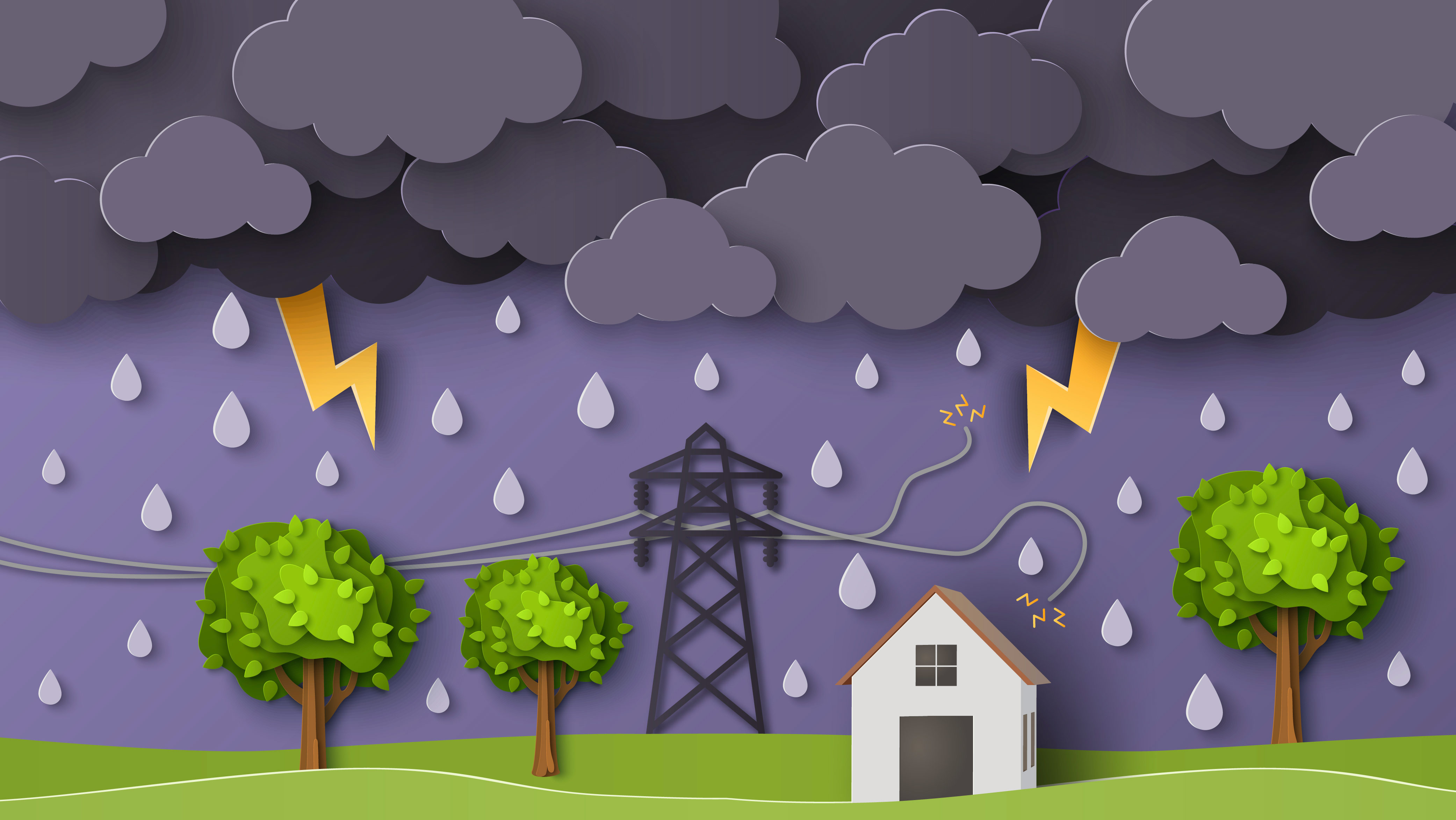 Illustration of a thunderstorm with raindrops and lightning over a landscape featuring trees, a house, and power lines.