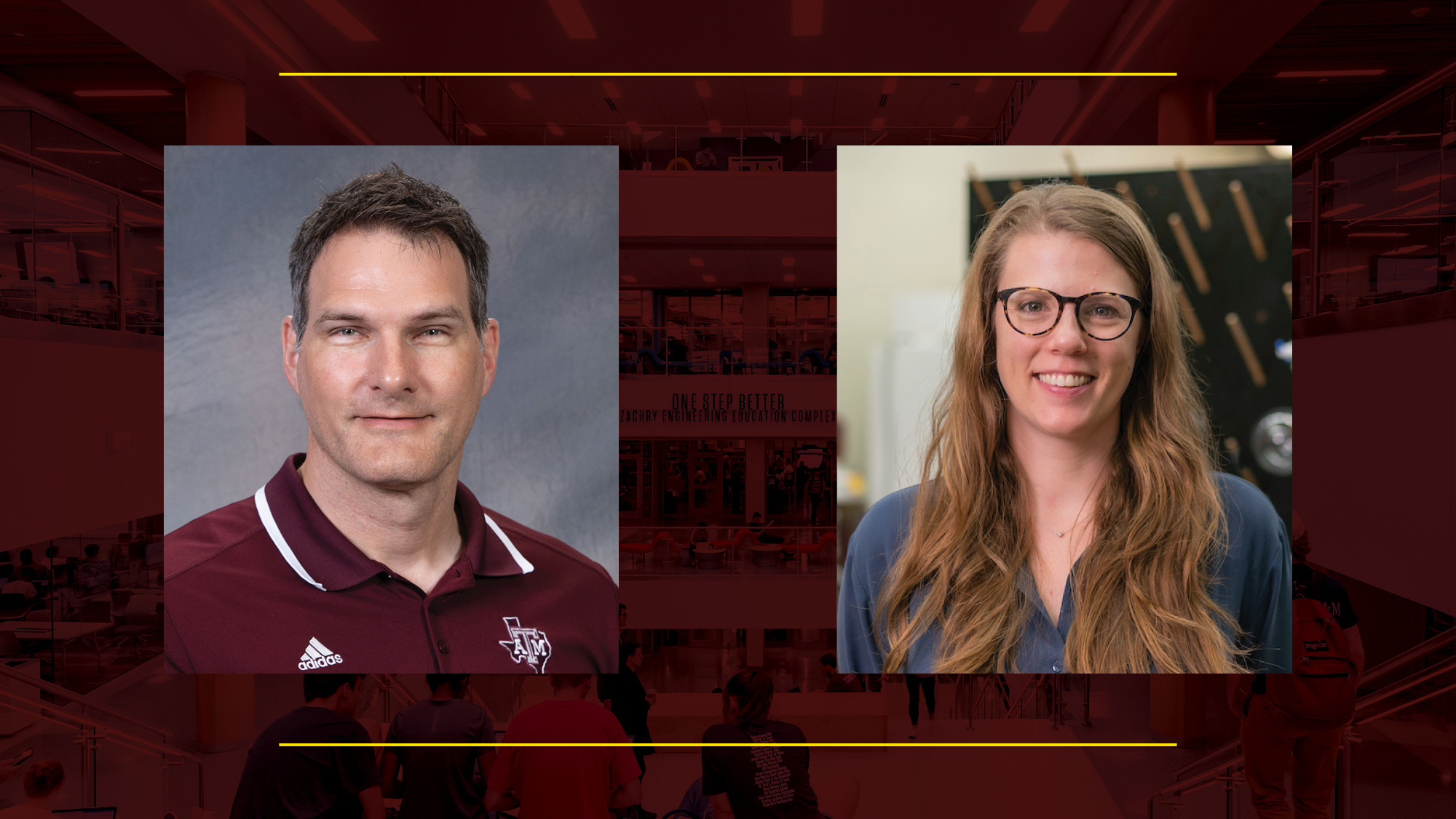 Two headshots of Dr. Jaime Grunlan and Dr. Emily Pentzer on a maroon background.