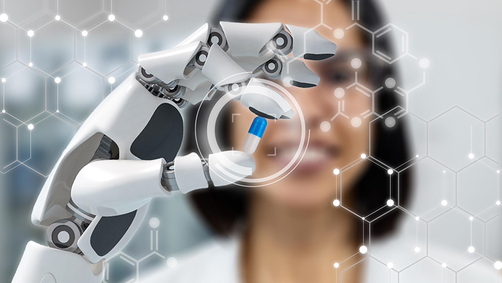 A digitally rendered image of a robotic hand holding a pill in front of a woman's face.