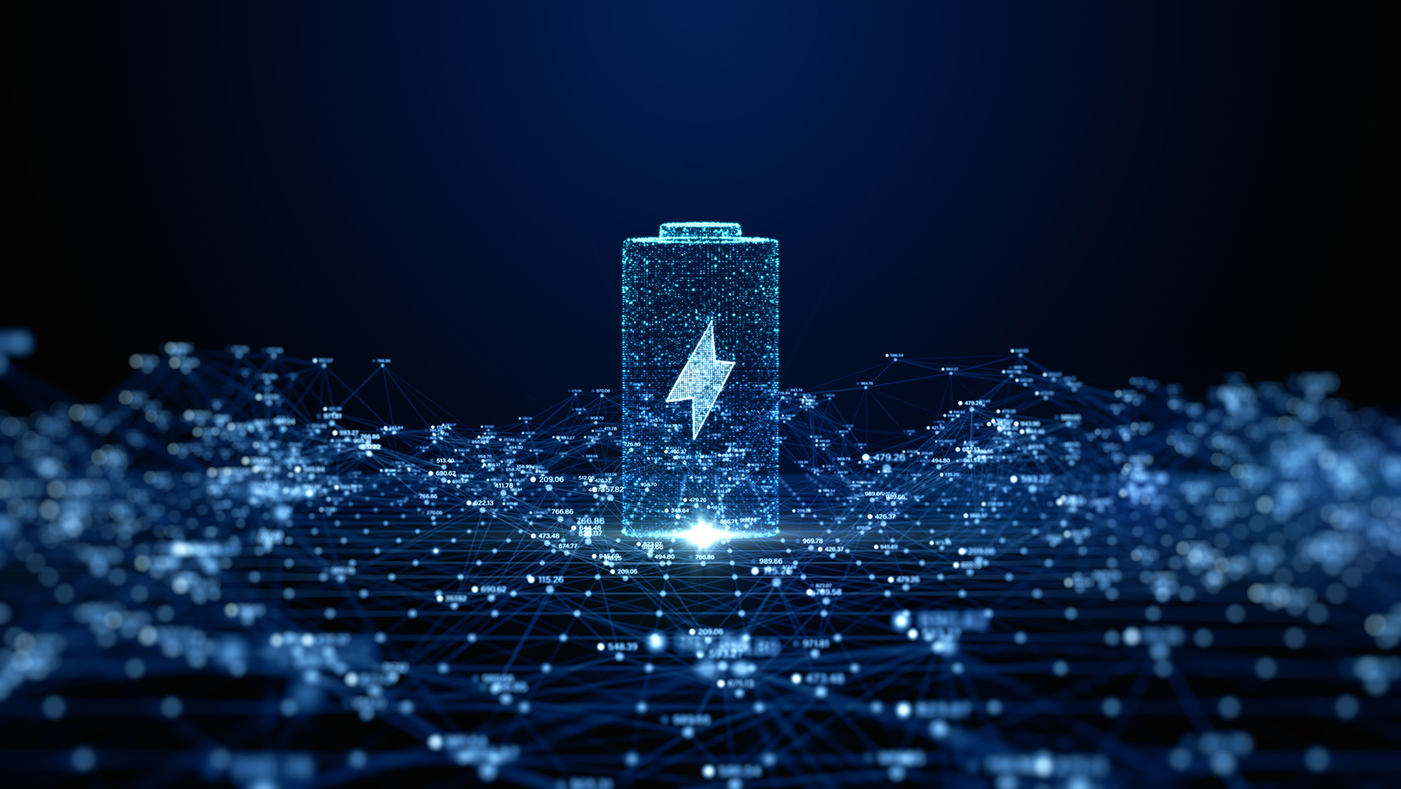 A 3D digital representation of a battery icon illuminated in blue, surrounded by a network of interconnected points and lines against a dark background, symbolizing energy and technology.