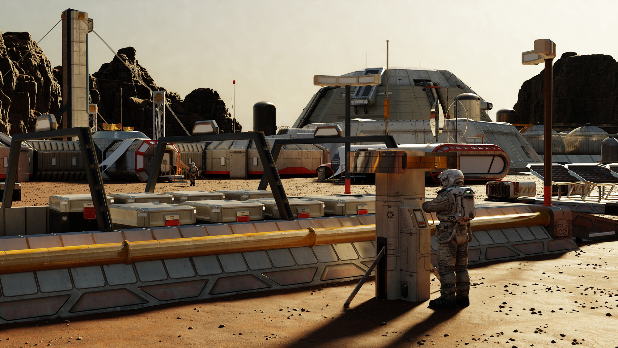 Astronauts performing maintenance at a Mars colony. 