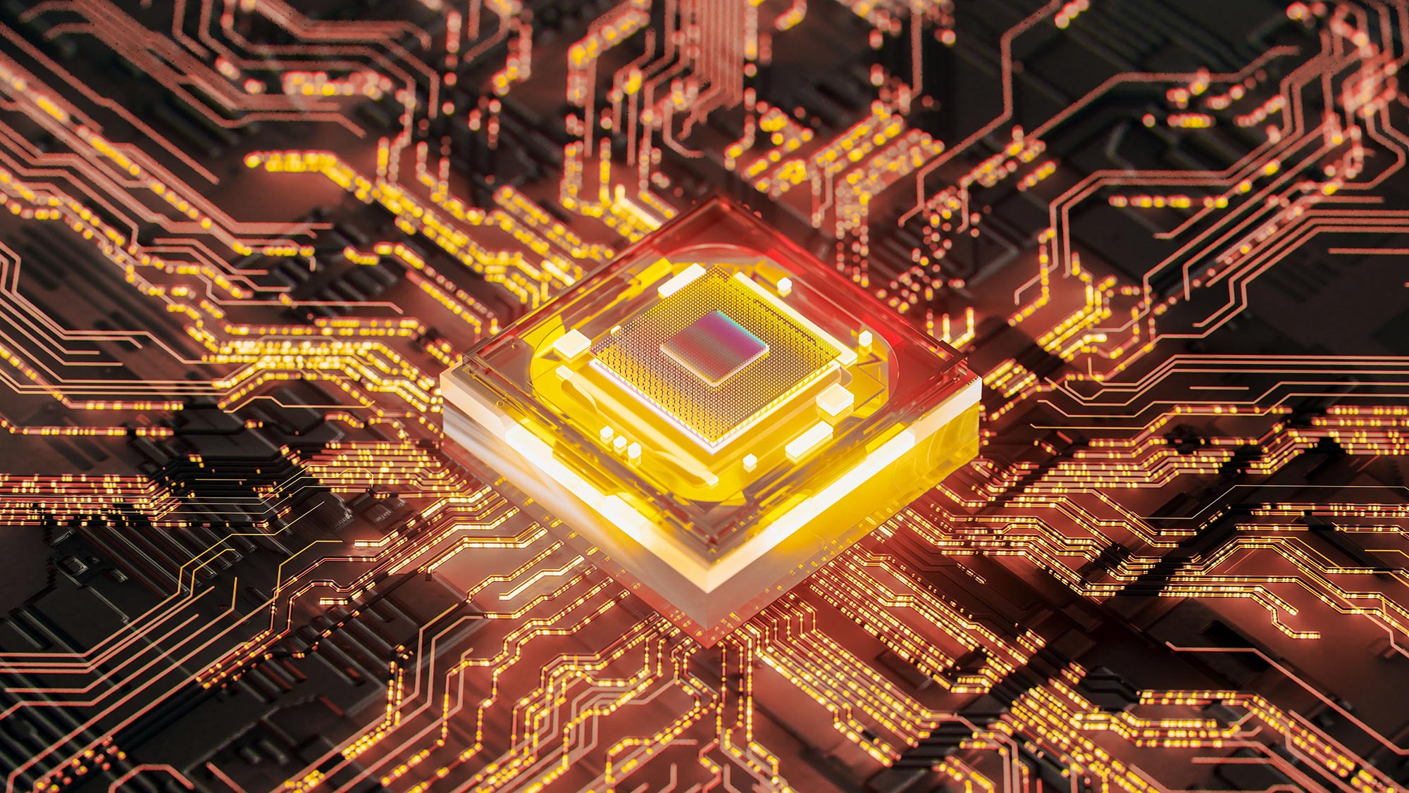 An image of a glowing futuristic semiconductor and digital data flowing.
