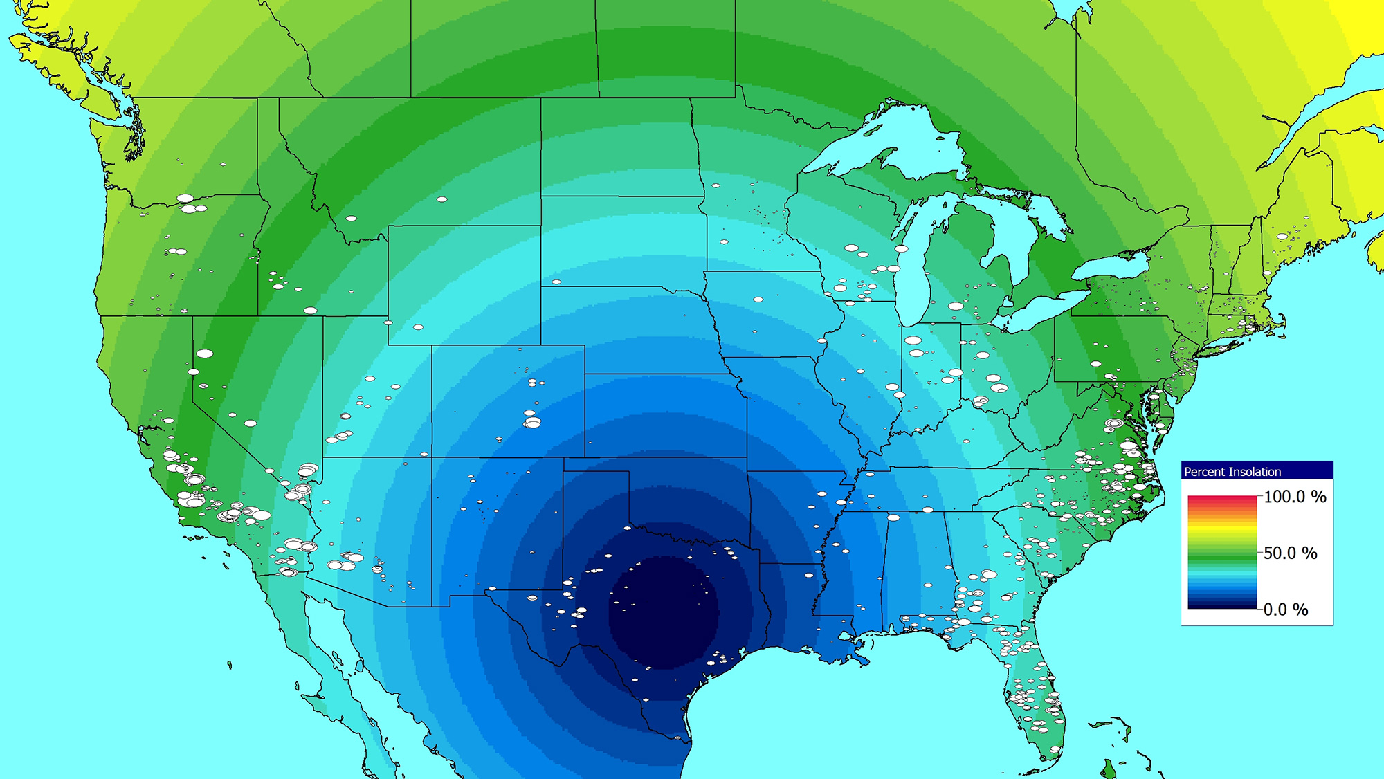 Thermal map of North America from 2023 showing percent insolation markers for 0%, 50%, and 100%.
