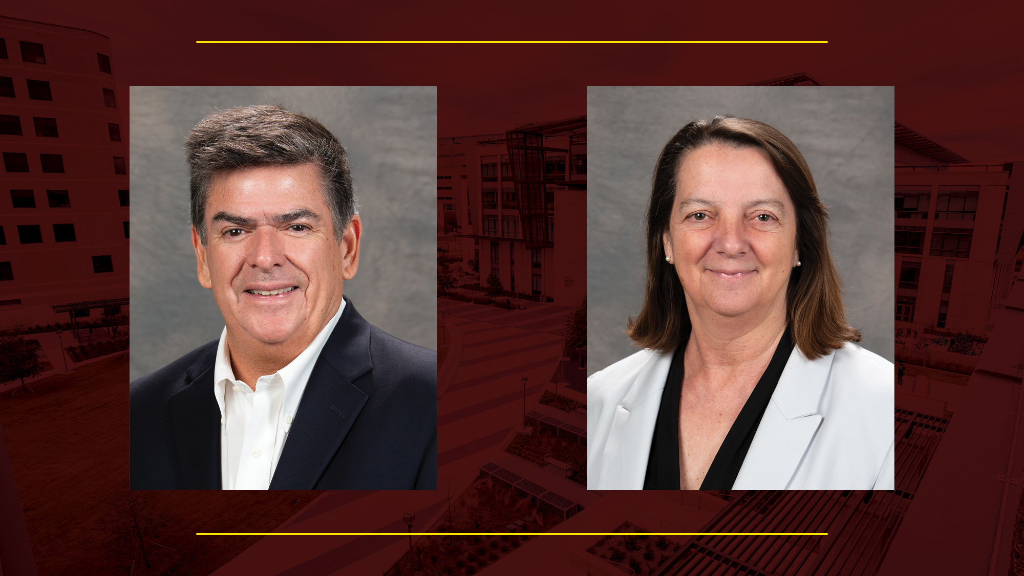 Two headshots of a man and woman on a maroon background.