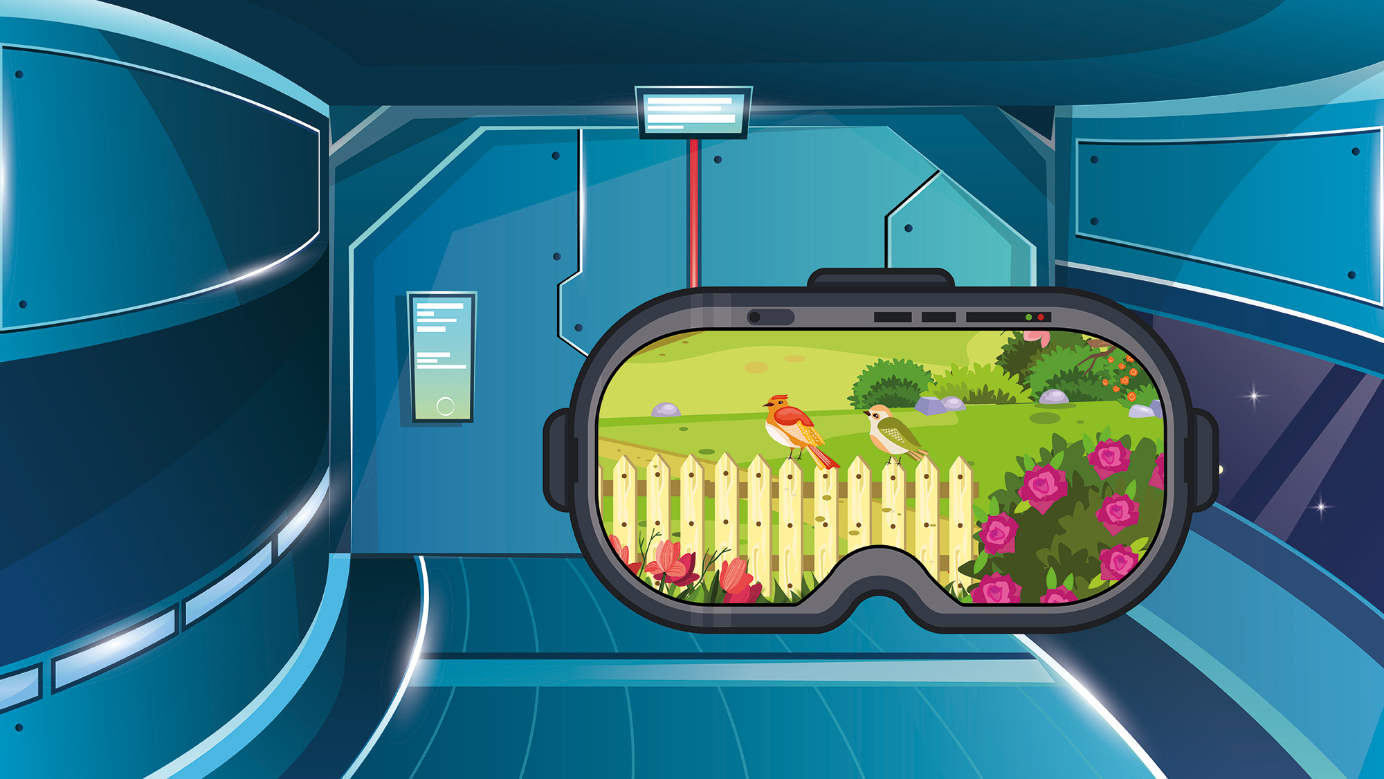 A digitally rendered image of a VR headset showing a nature scene.