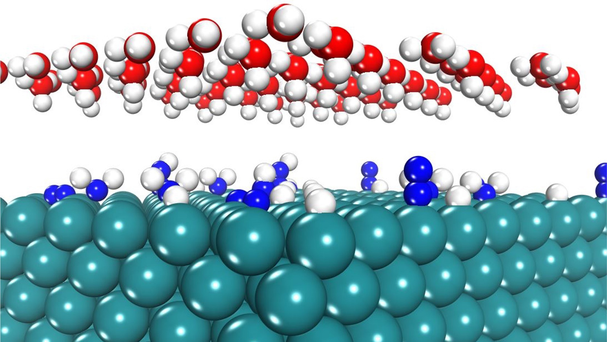 Illustration of water molecules represented by red and white spheres forming hydrogen bonds above a surface of blue and grey spheres indicative of a solid material, depicting the concept of molecular interaction at a surface.