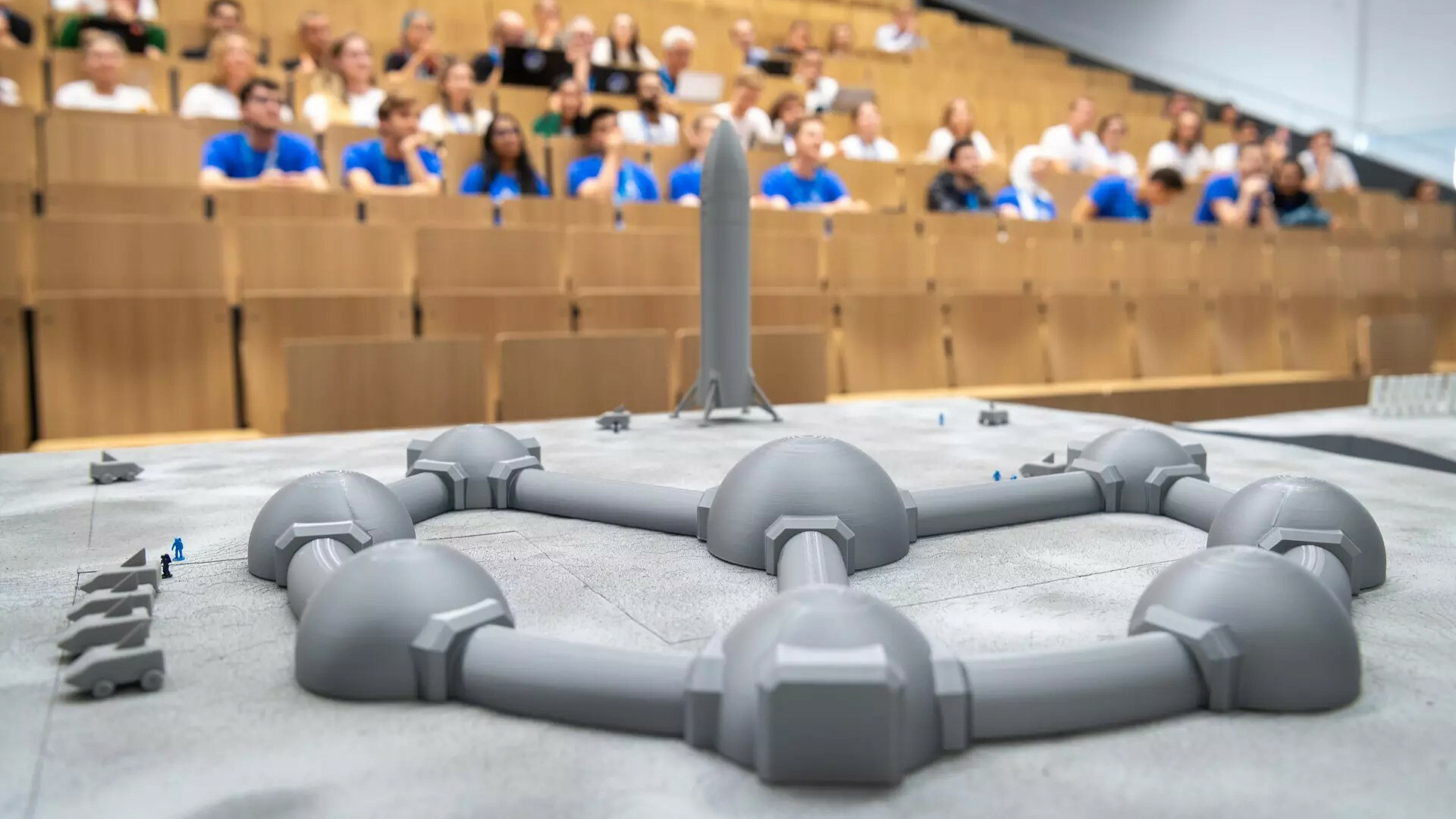 A 3D printed model of a lunar space station in a classroom. 