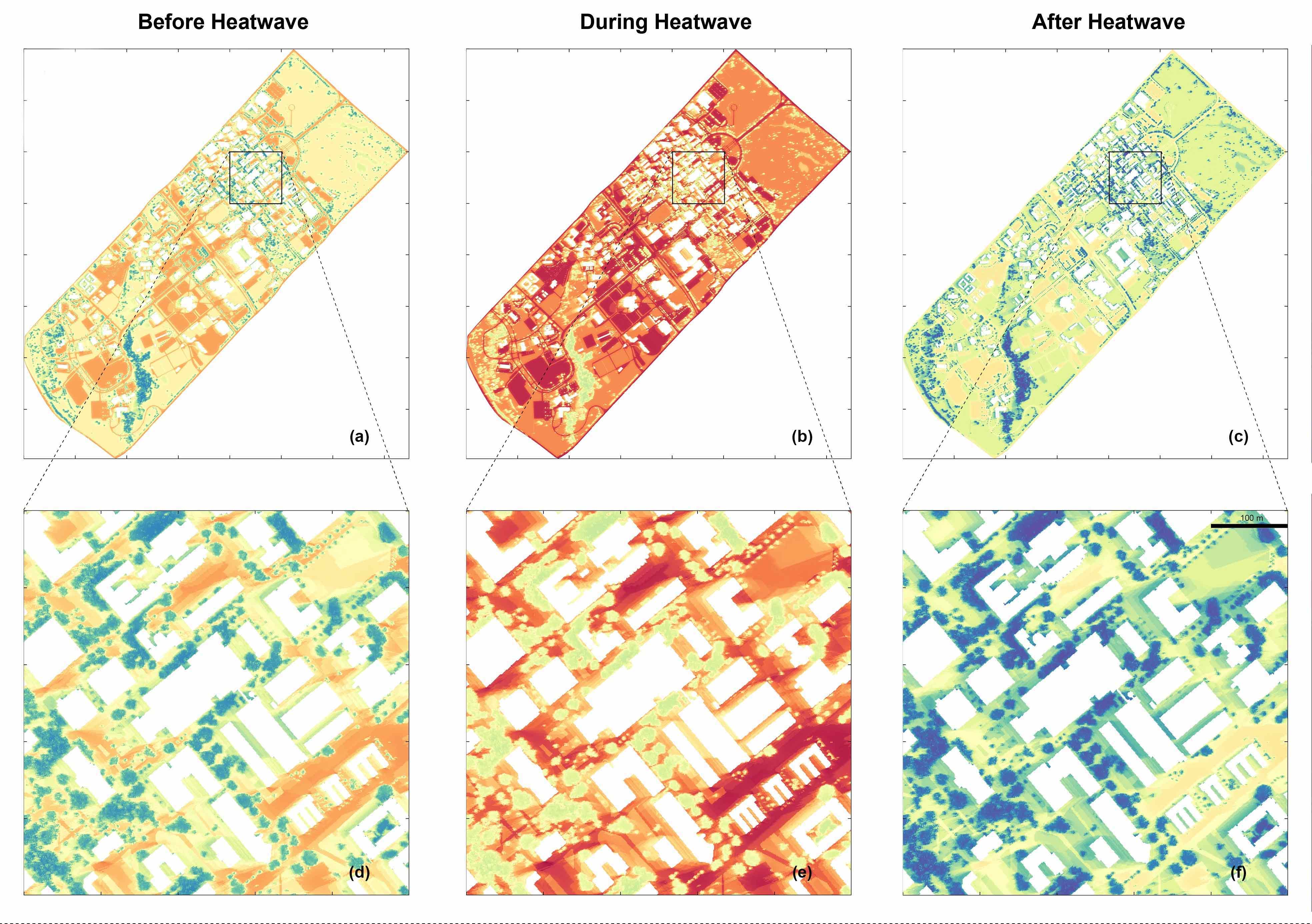 A figure depicting the heat distribution across campus at different times of day, during different heat conditions with a zoomed in portion of each map.