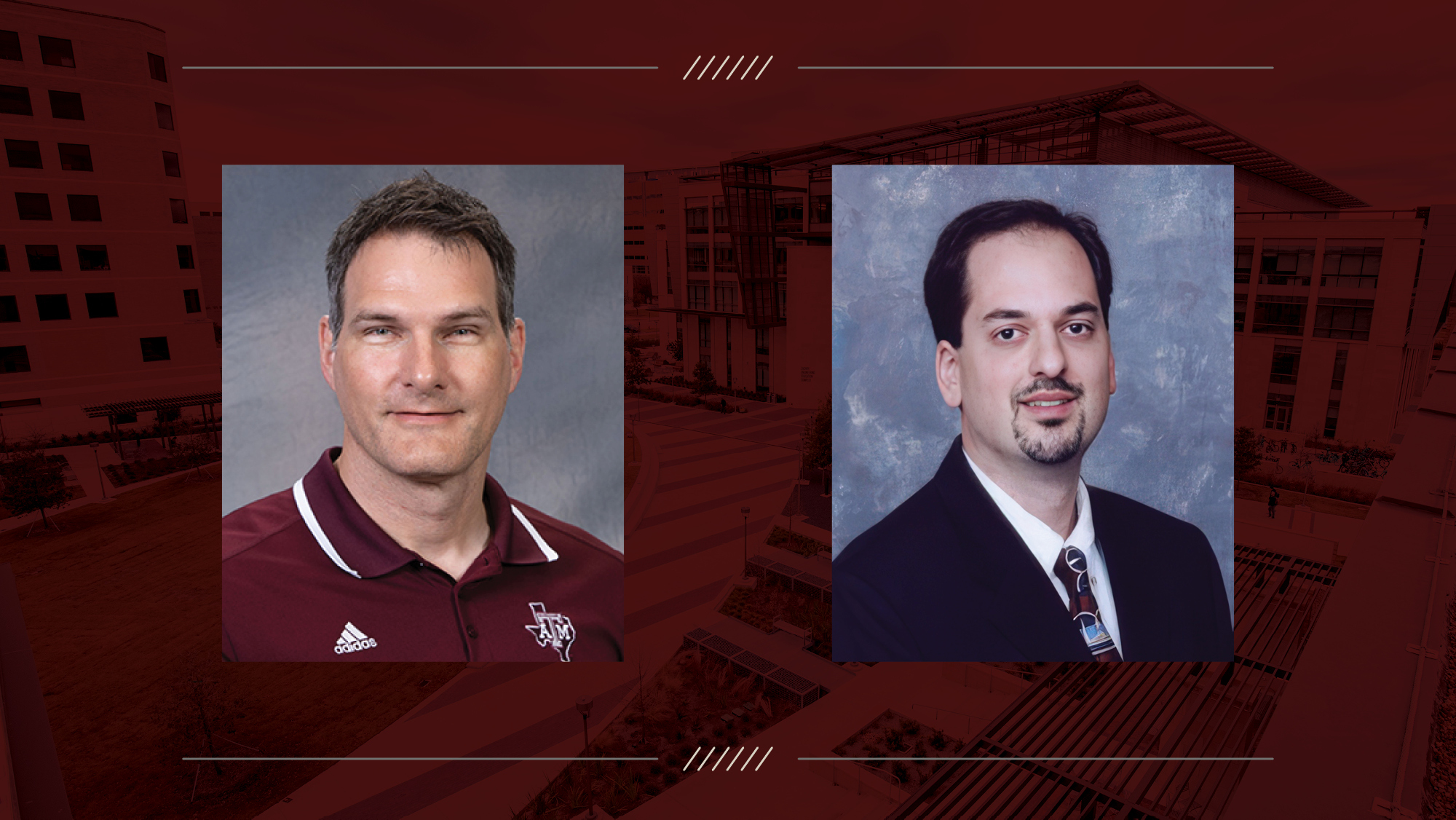 The headshots of two people on a maroon background. 