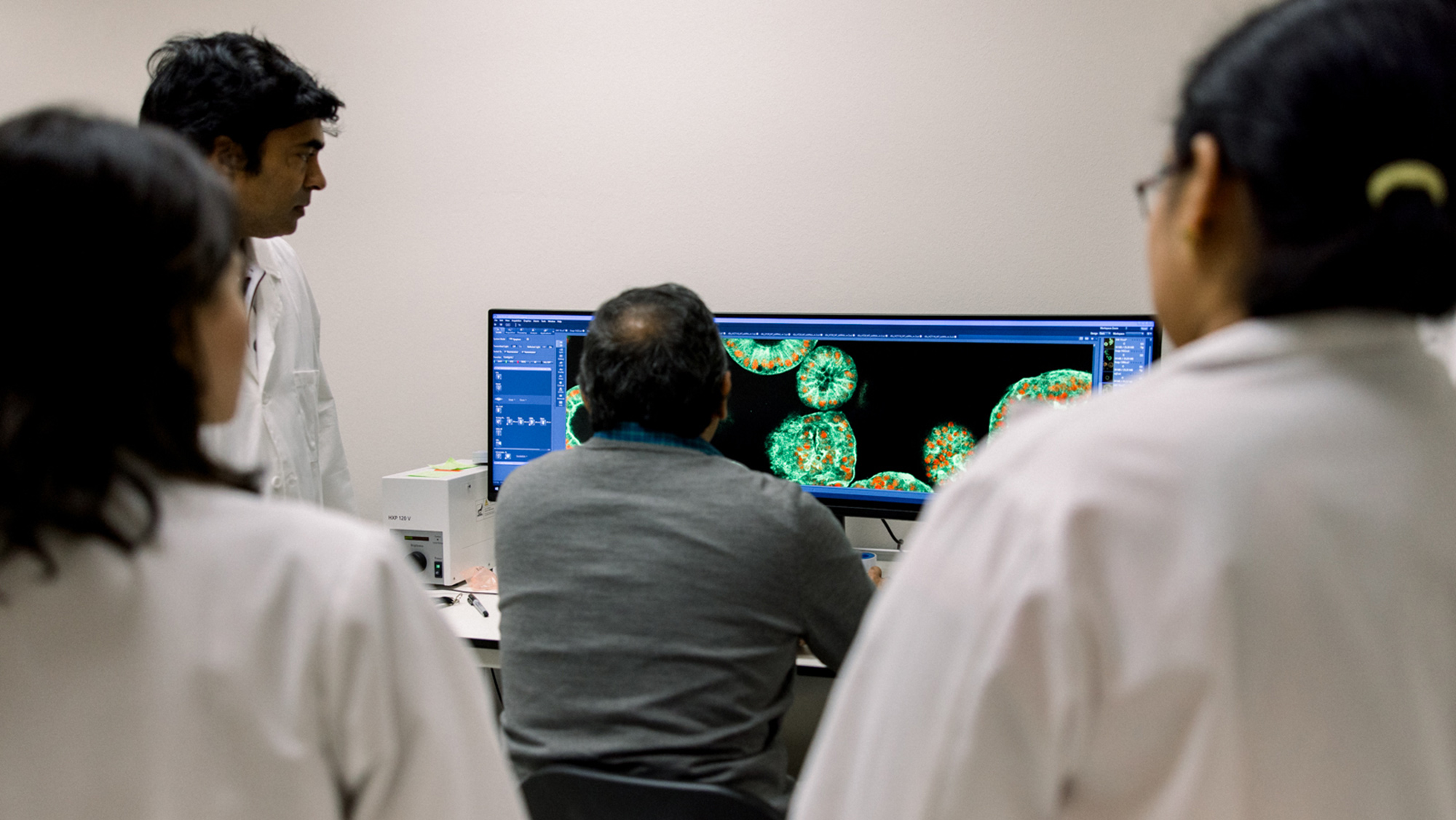 A group of researchers in lab coats observe a computer screen displaying images of cells.