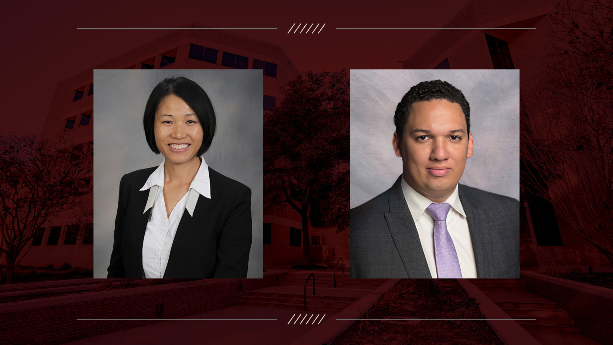 Two headshots on a maroon background.