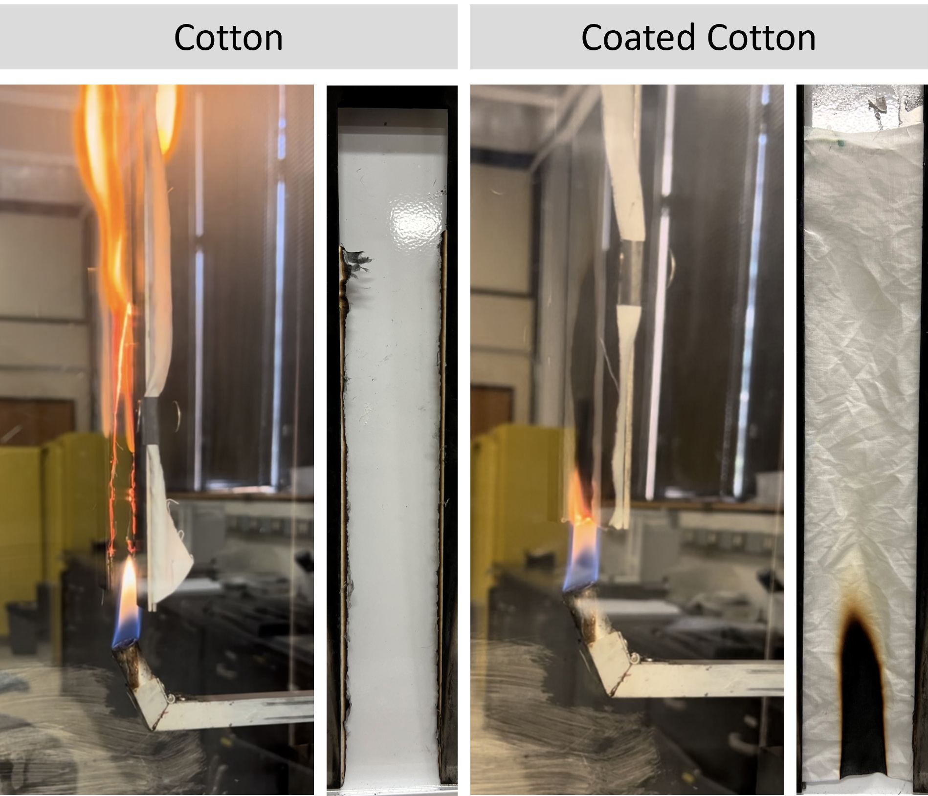 Two photos, one showing a piece cotton on fire, and the other showing a piece of cotton not on fire.  