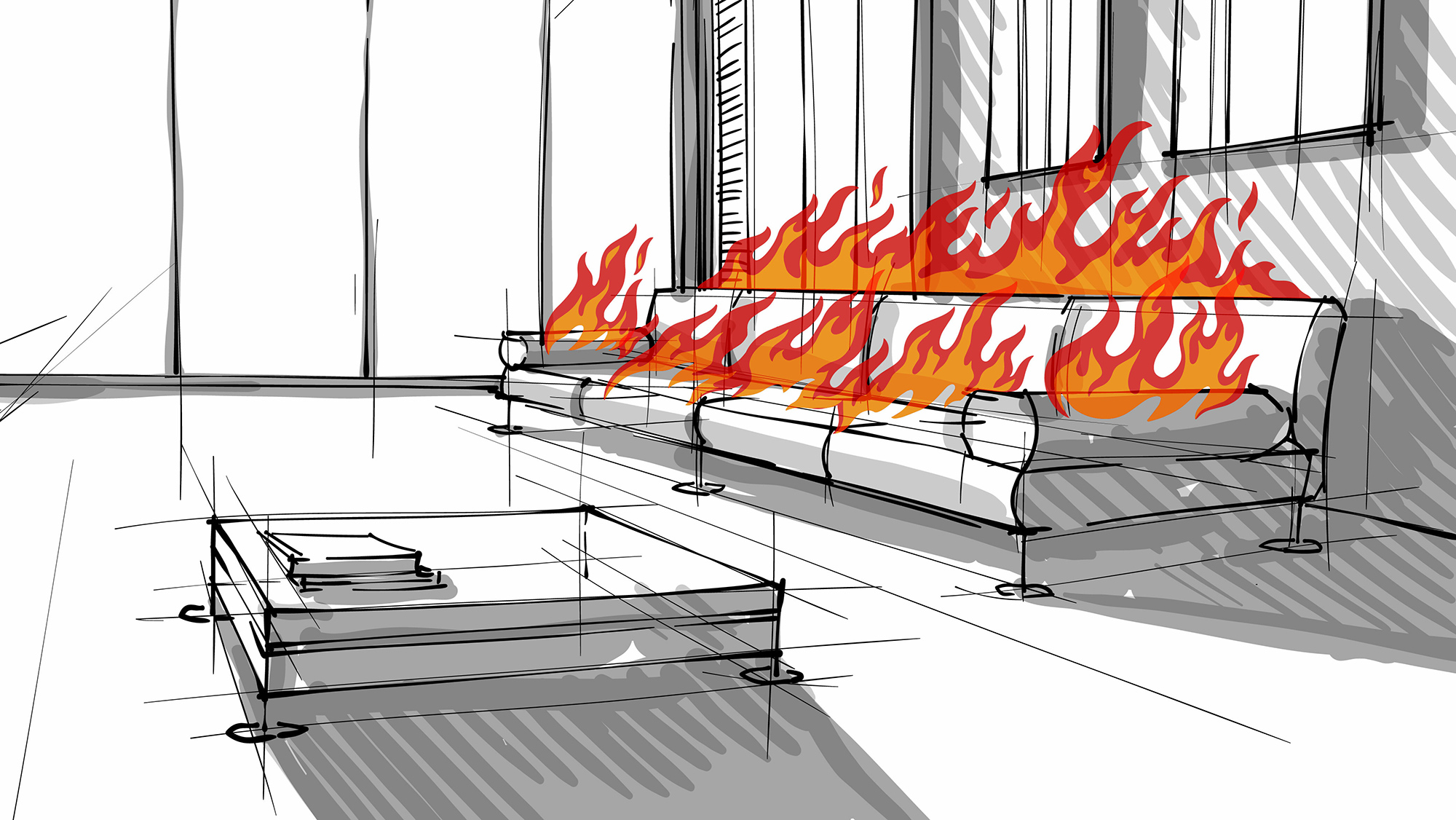 A sketch of a couch on fire.