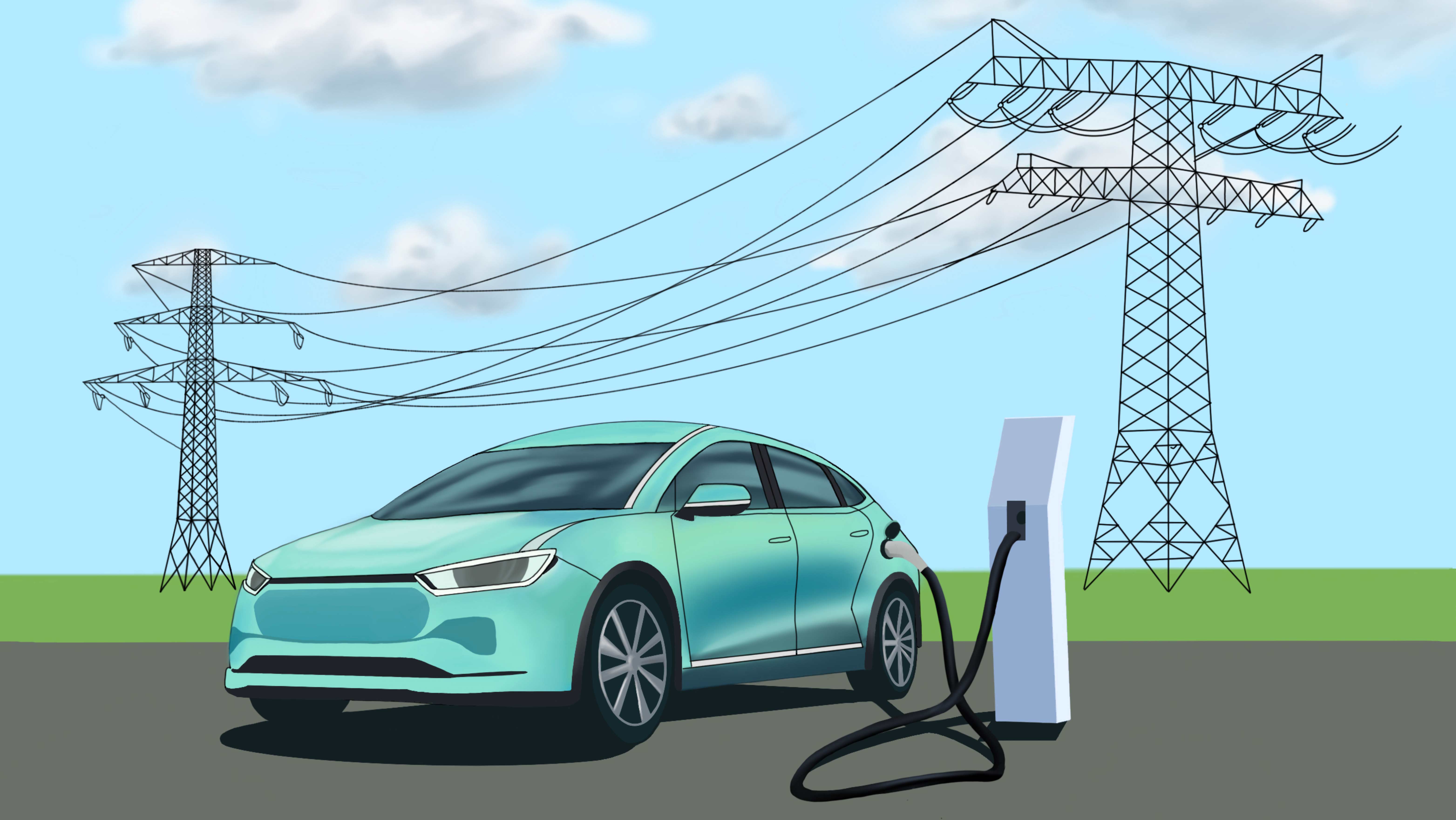 A graphic of an electric vehicle charging with transmission towers in the background.