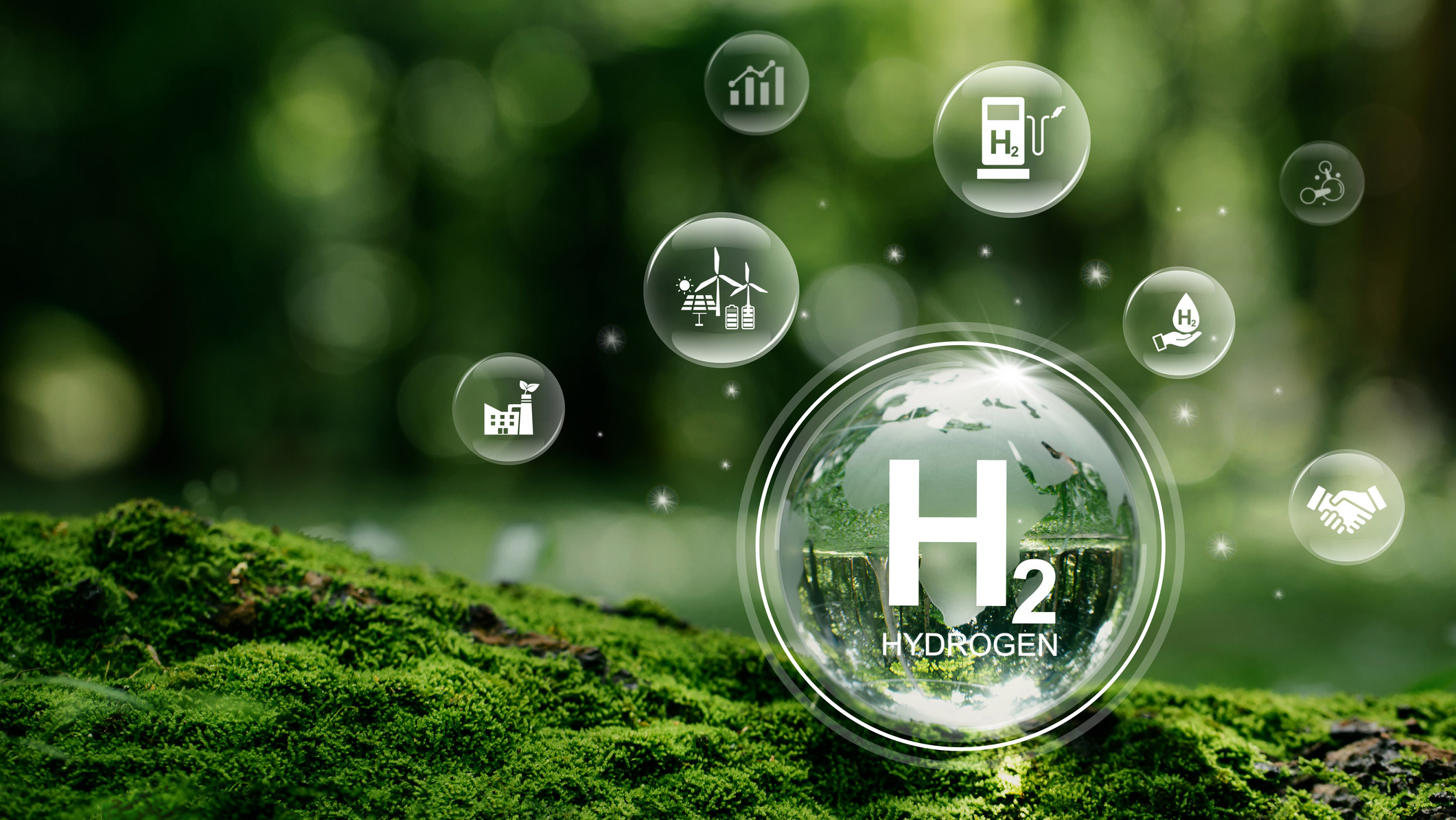 A labeled hydrogen bubble in nature surrounded by images illustrating the potential uses of hydrogen energy.