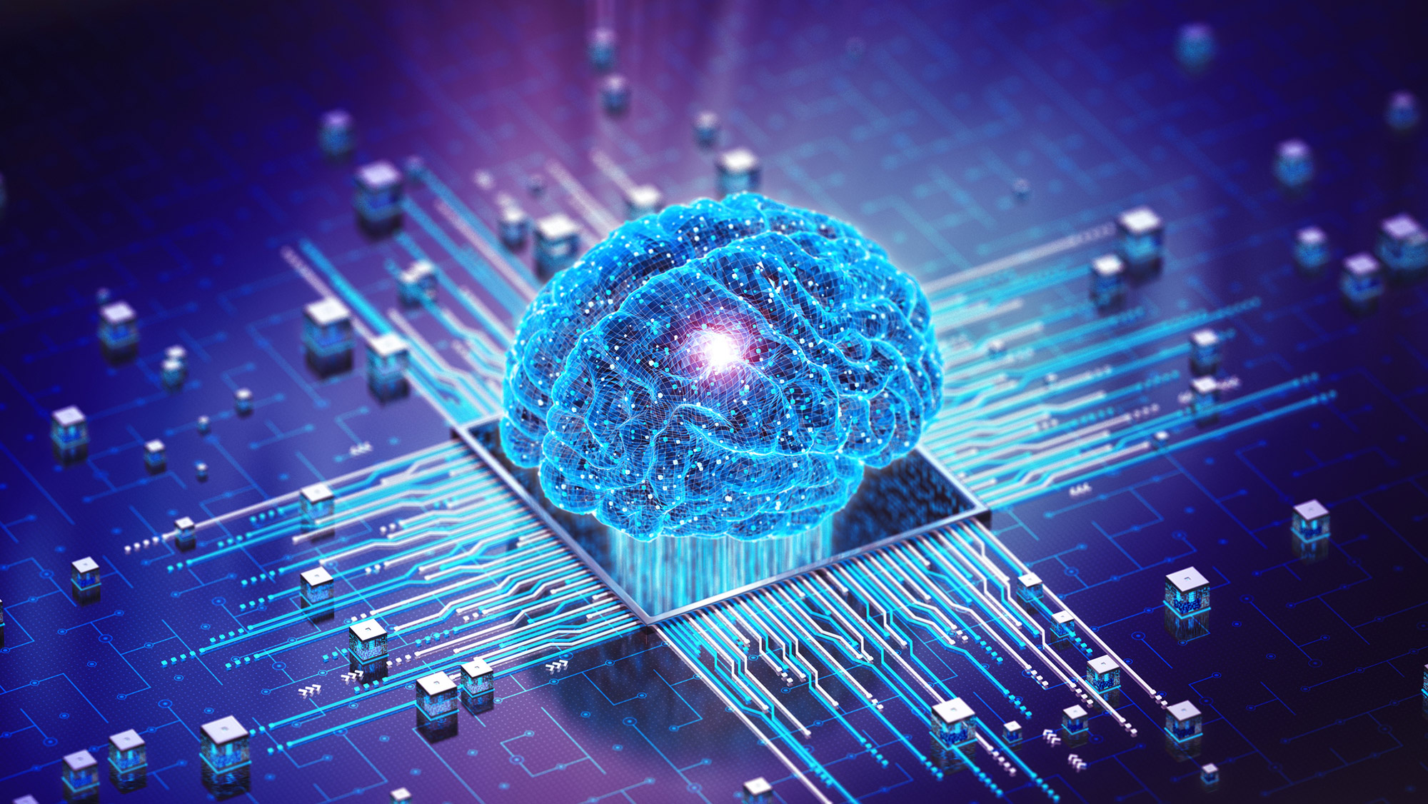 Digital illustration of a glowing blue brain set on a circuit board, surrounded by small data cubes and digital elements.