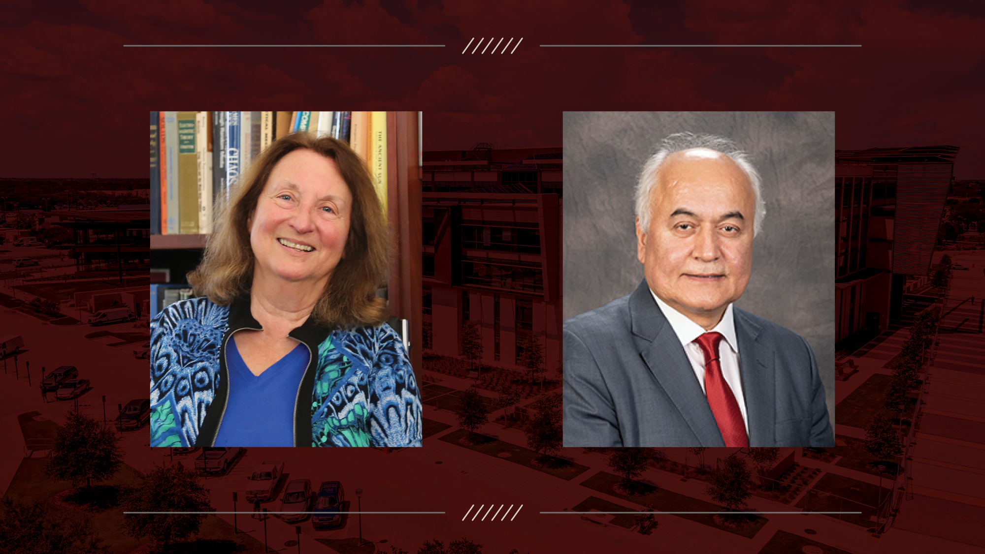 Two headshots of a man and woman on a maroon background