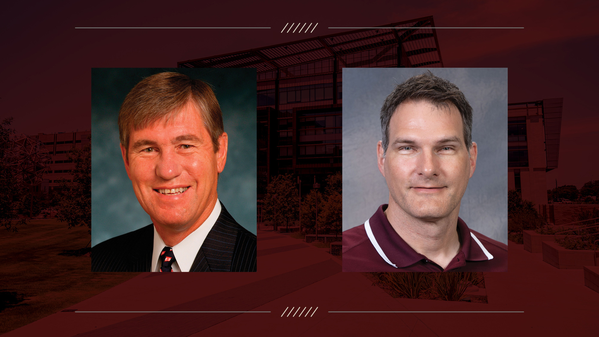 Two headshots of two men on a maroon background.